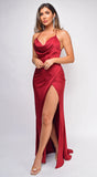 Saba Red Burgundy Cowl Criss Cross Slit Satin Gown