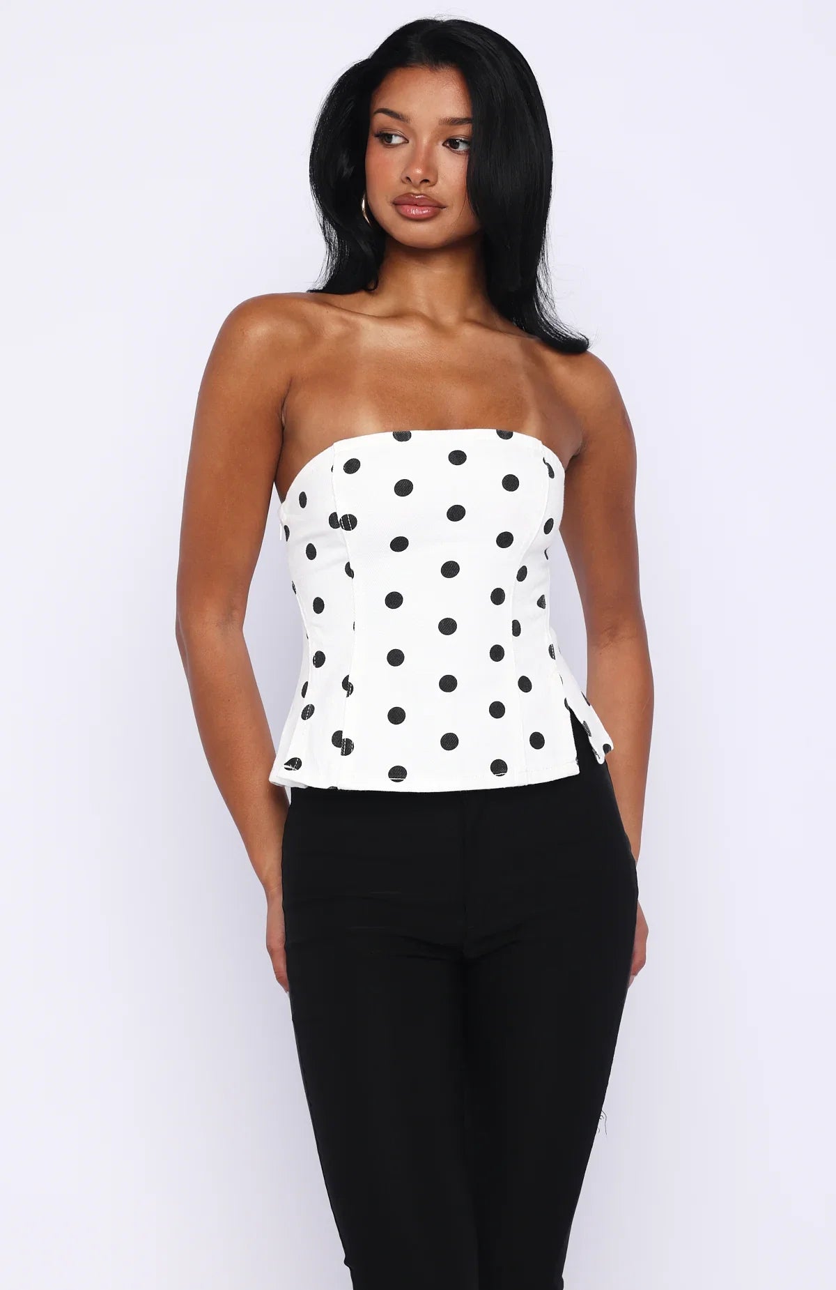 More Power Strapless Denim Top White Black Polka Dot