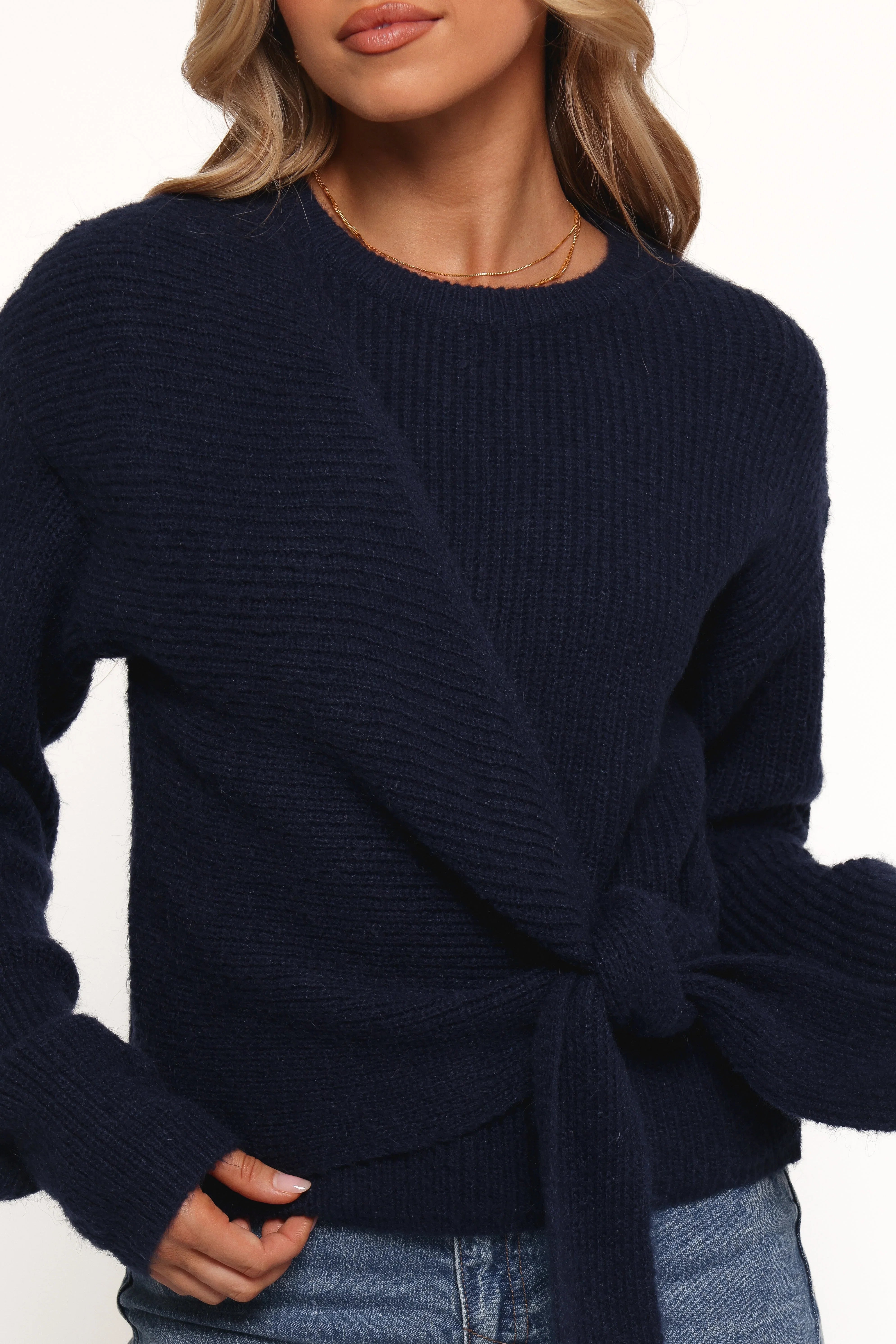 Ettie Wrap Side Tie Knit Sweater Navy