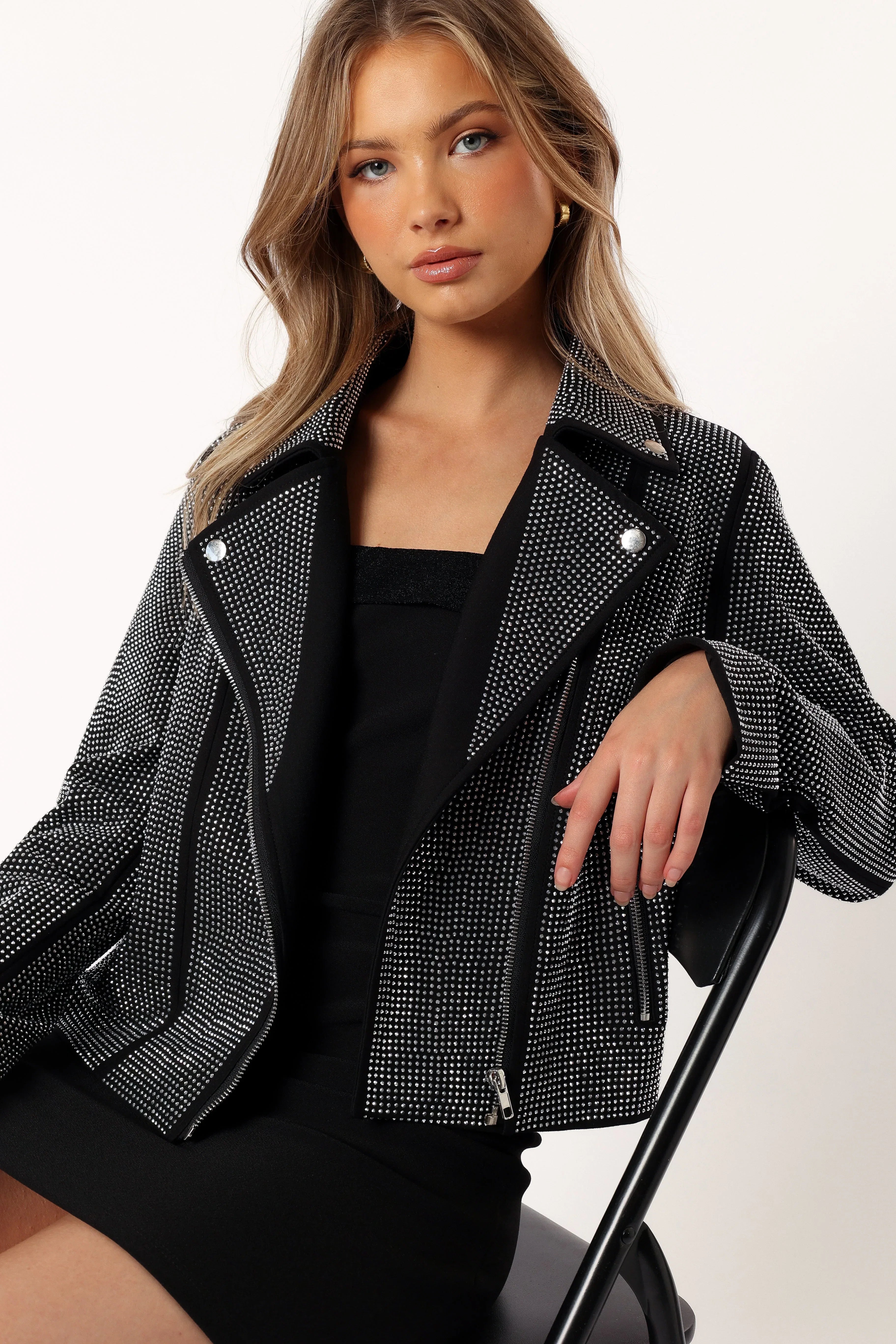 Elaina Crystal Studded Moto Jacket Black