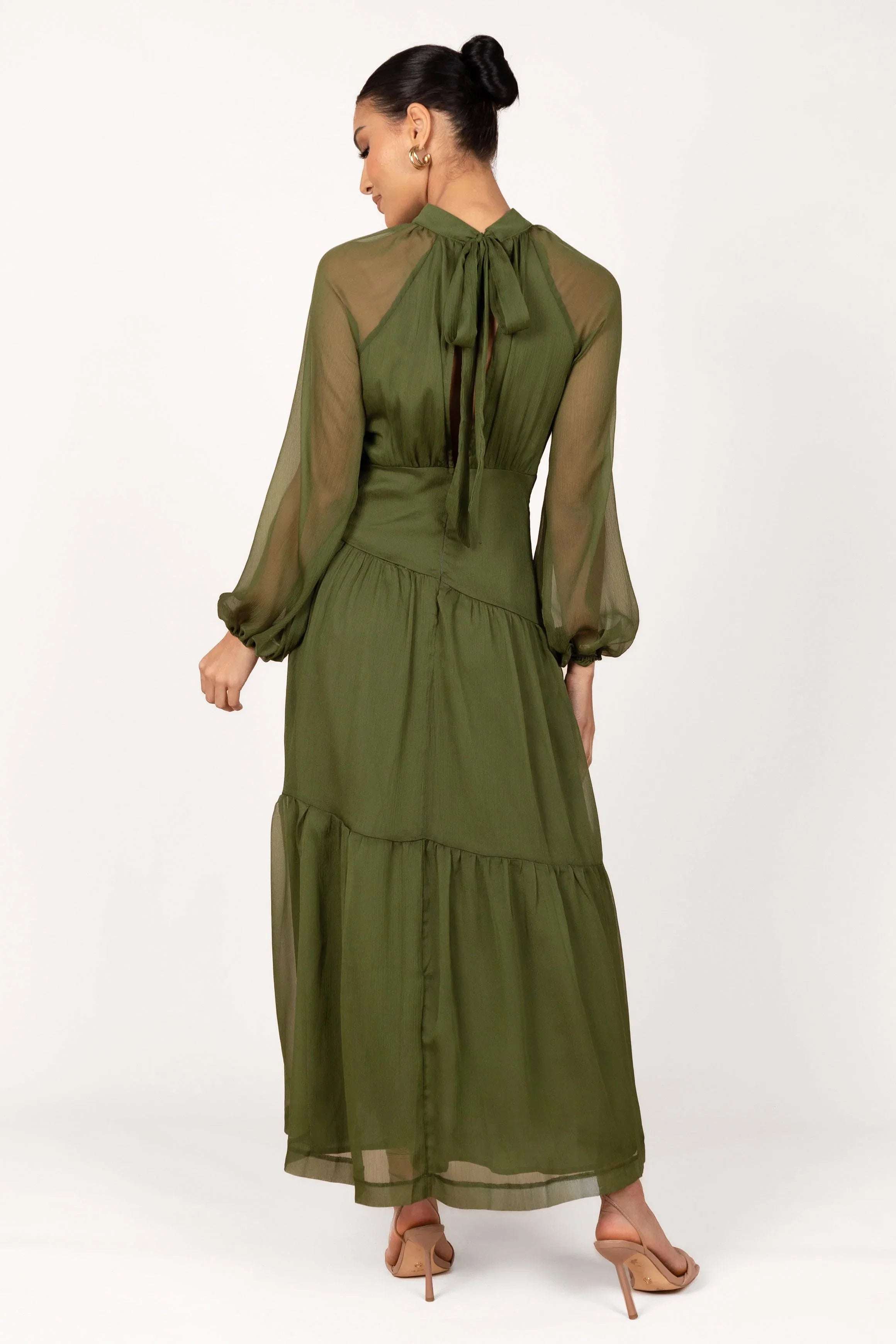 Julip Sheer Long Sleeve Maxi Dress Olive