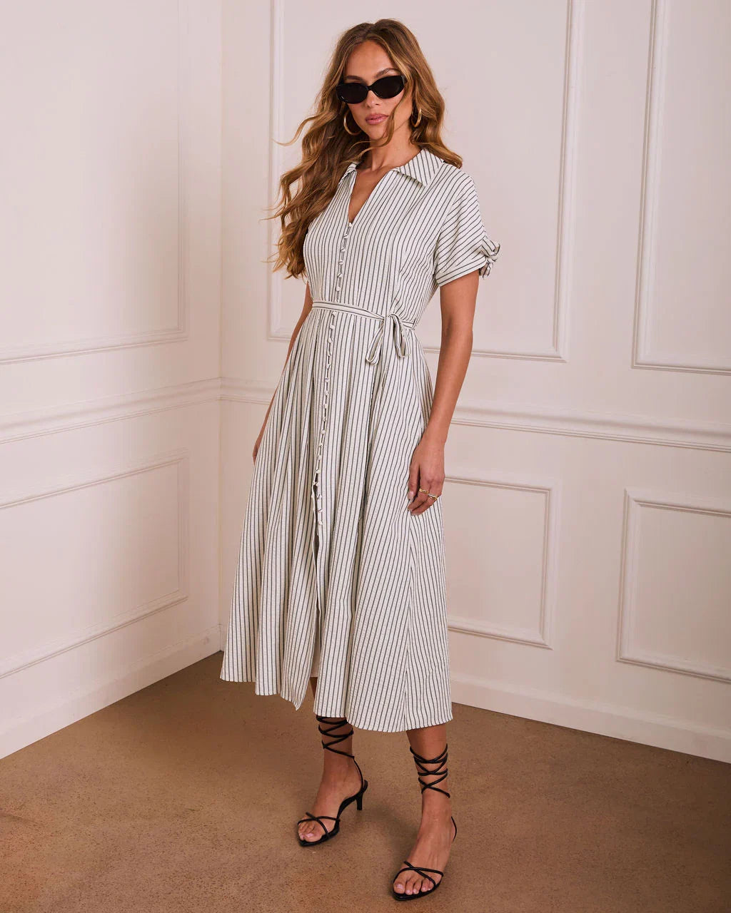 Refined Ease Striped Waist Tie Midi Dress