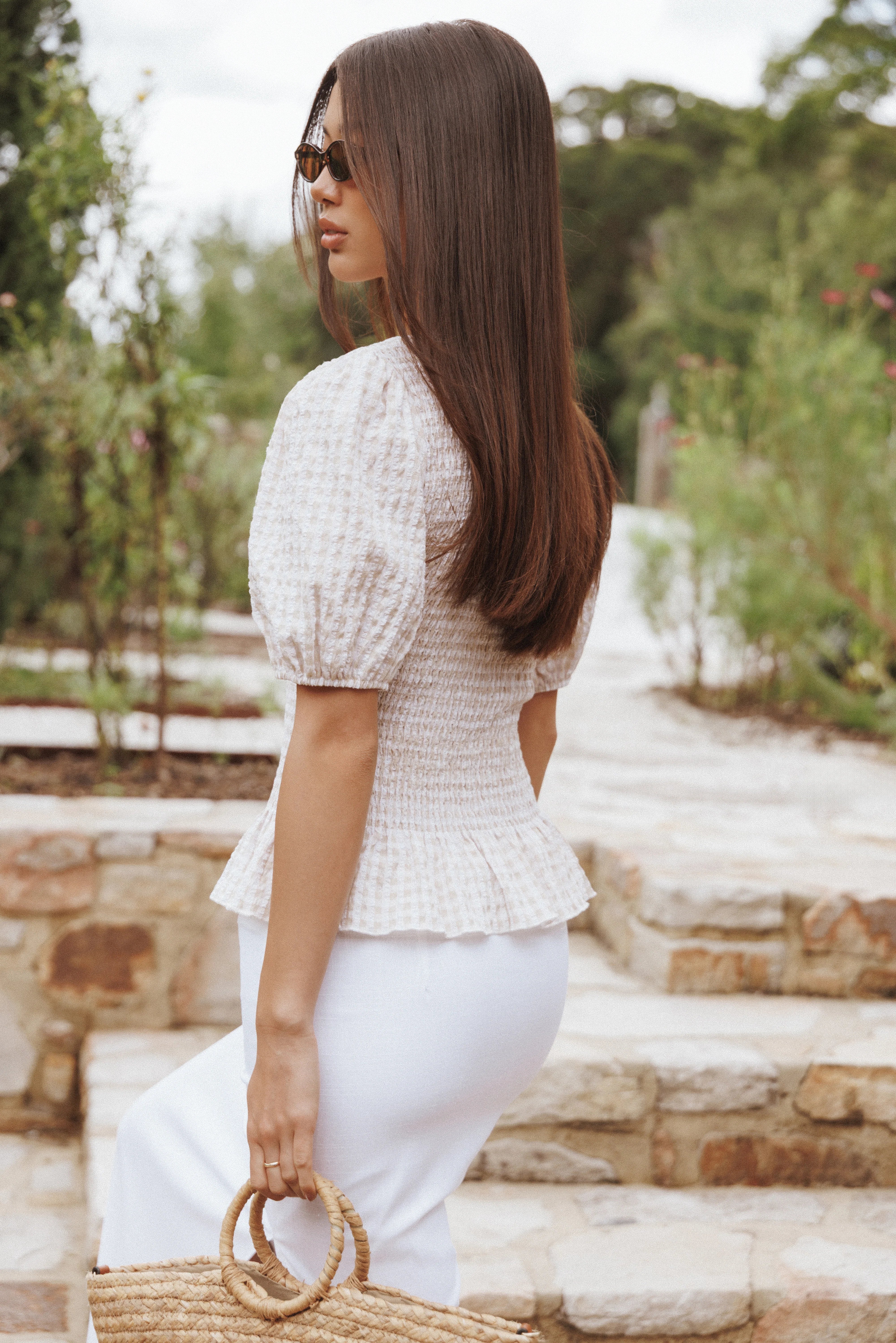 Callista Shirred Waist Top Beige Gingham