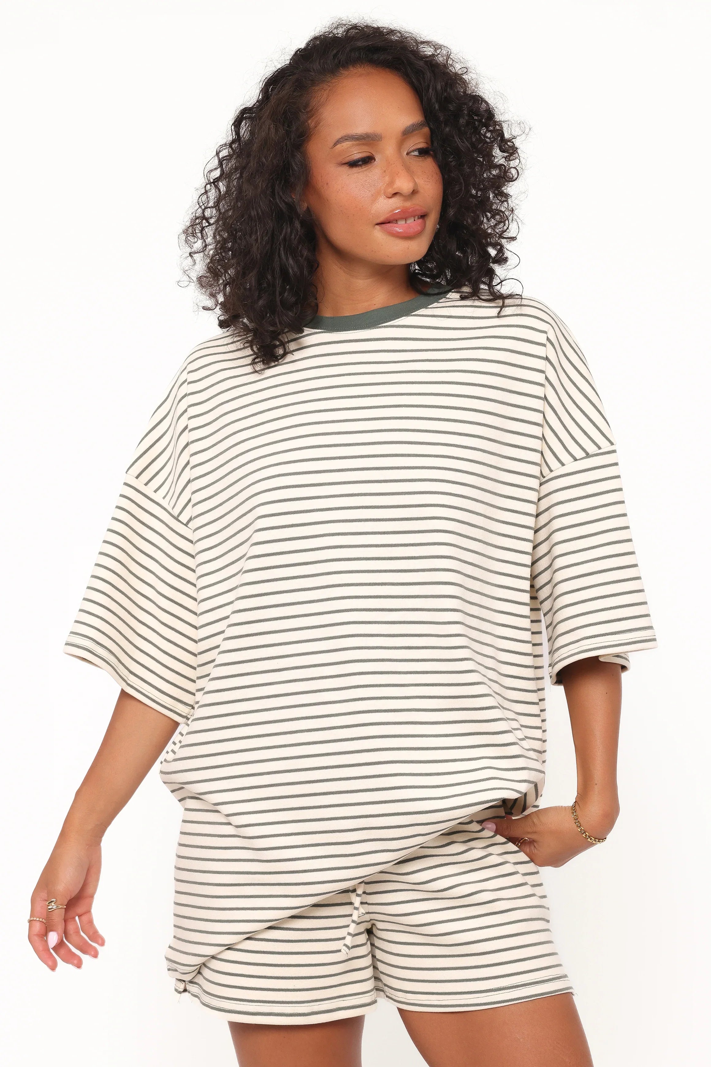 Hellen Stripe Short Set Cream Green Stripe
