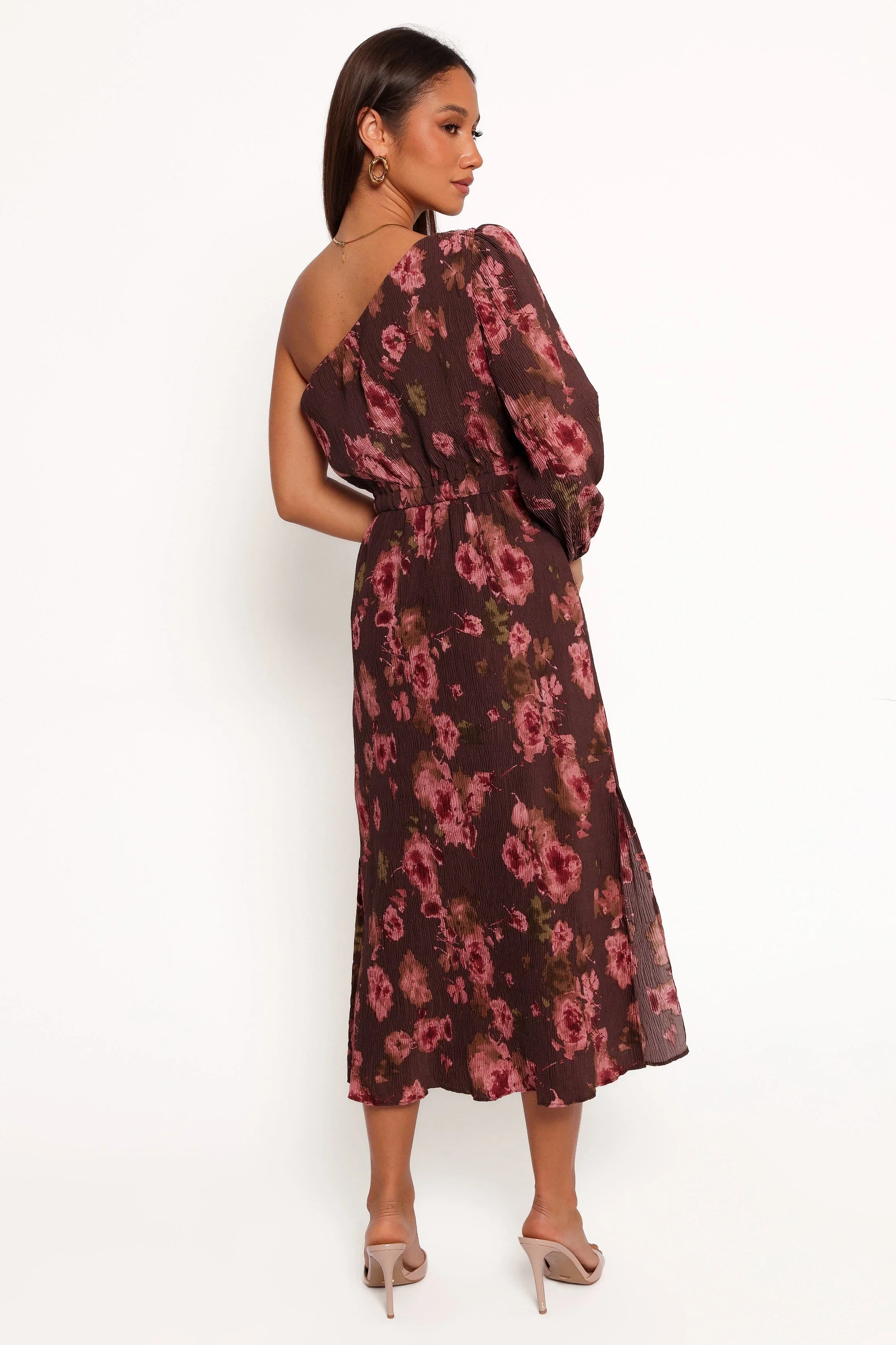 Pontee One Shoulder Pleated Midi Dress Chocolate Brown