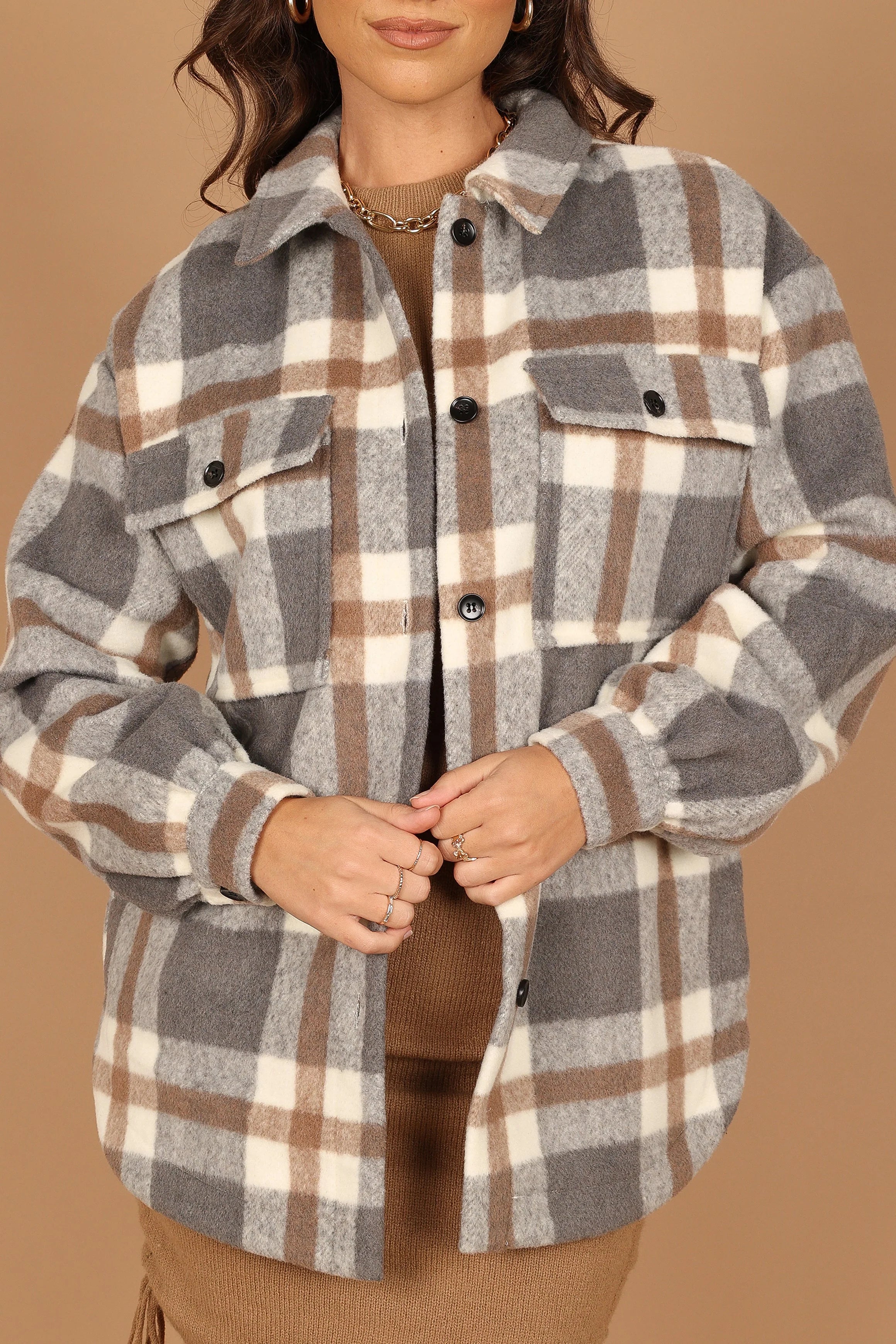 Alex Double Breasted Pocket Shacket Grey Check