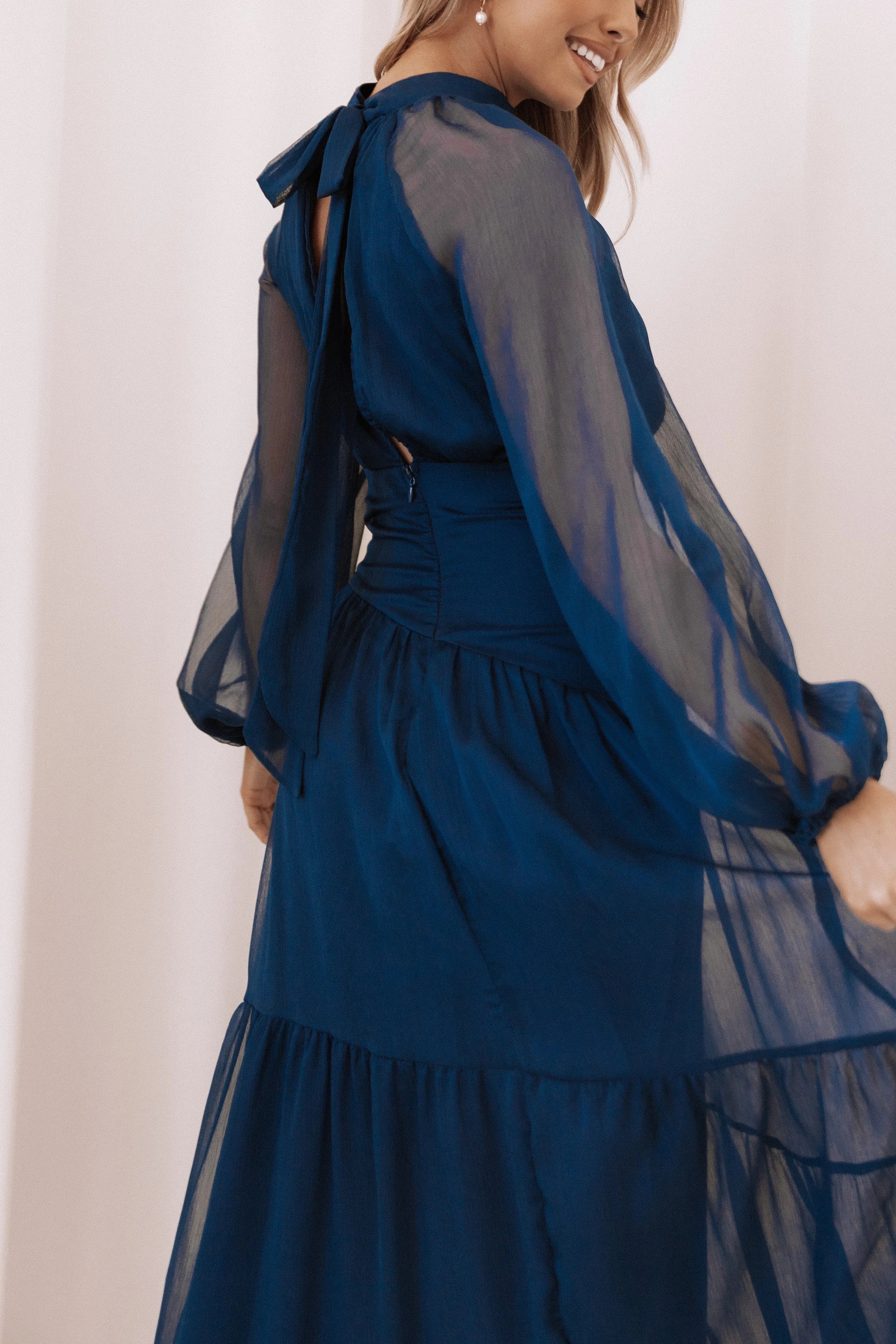 Julip Sheer Long Sleeve Maxi Dress Navy