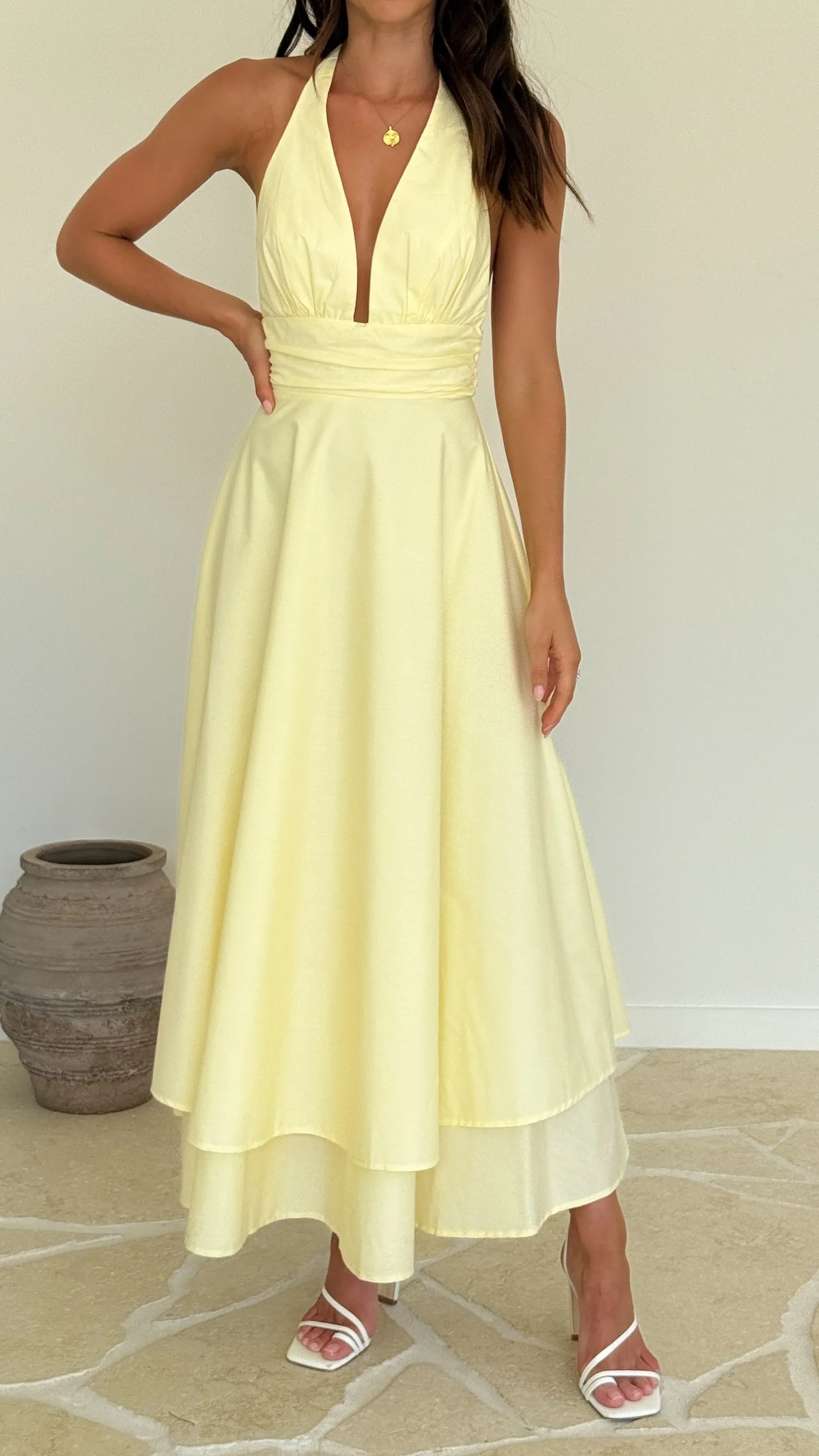 Kathy Halter Neck Maxi Dress Lemon