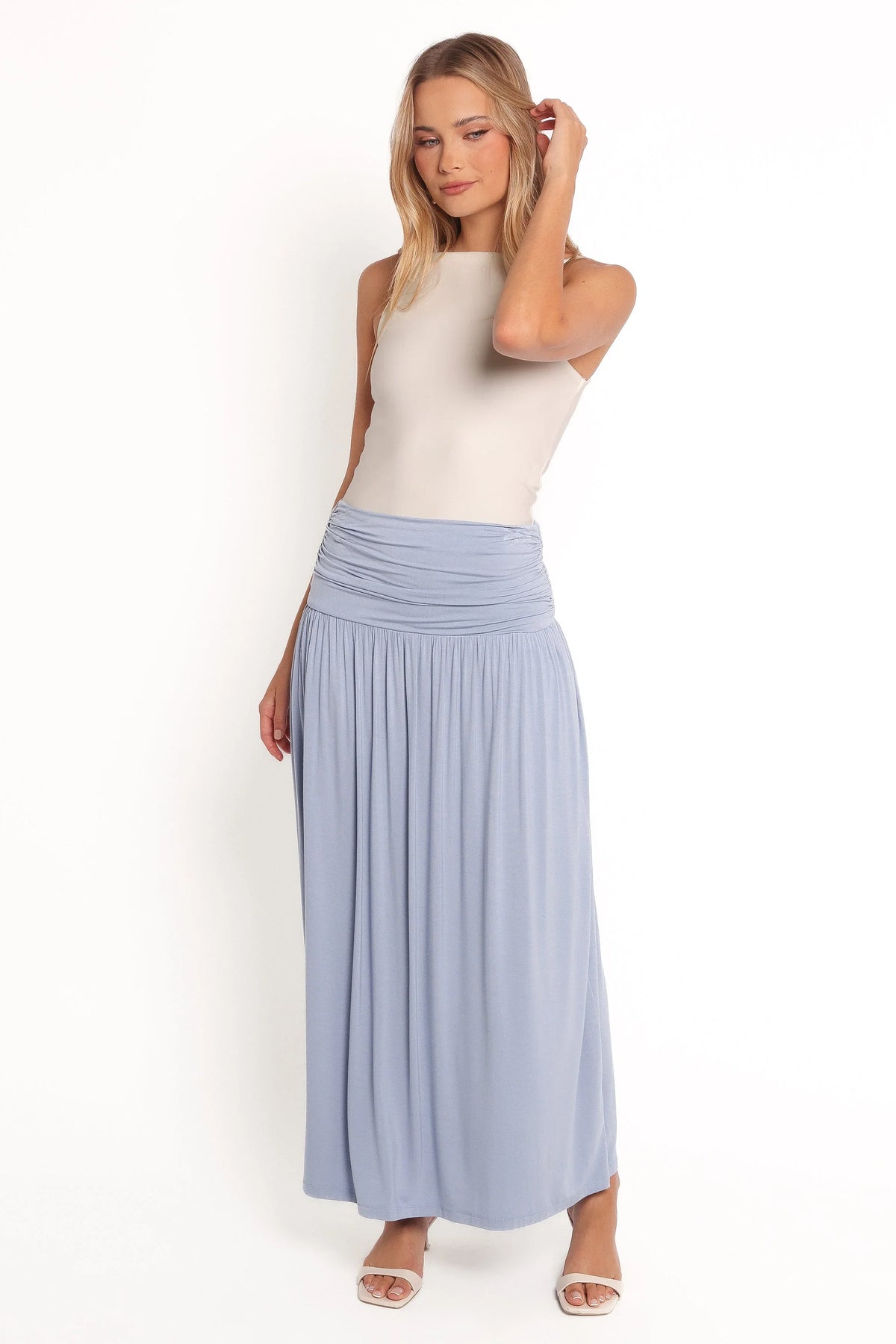 Lavia Ruched Knit Maxi Skirt Soft Blue