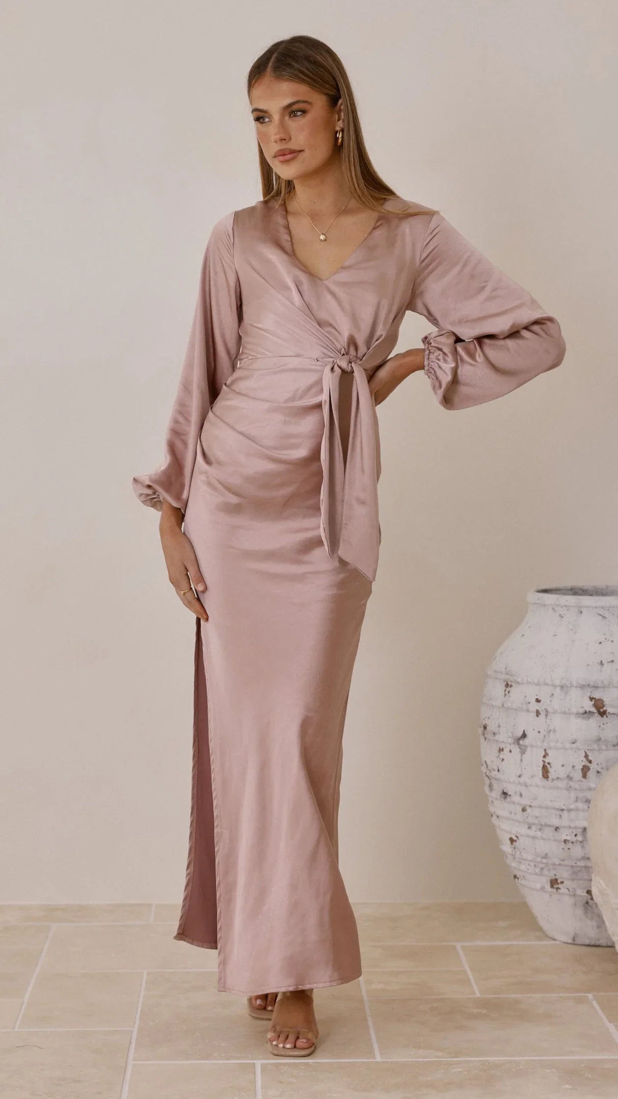 Ivy Long Sleeve Tie Front Maxi Dress Dusty Pink