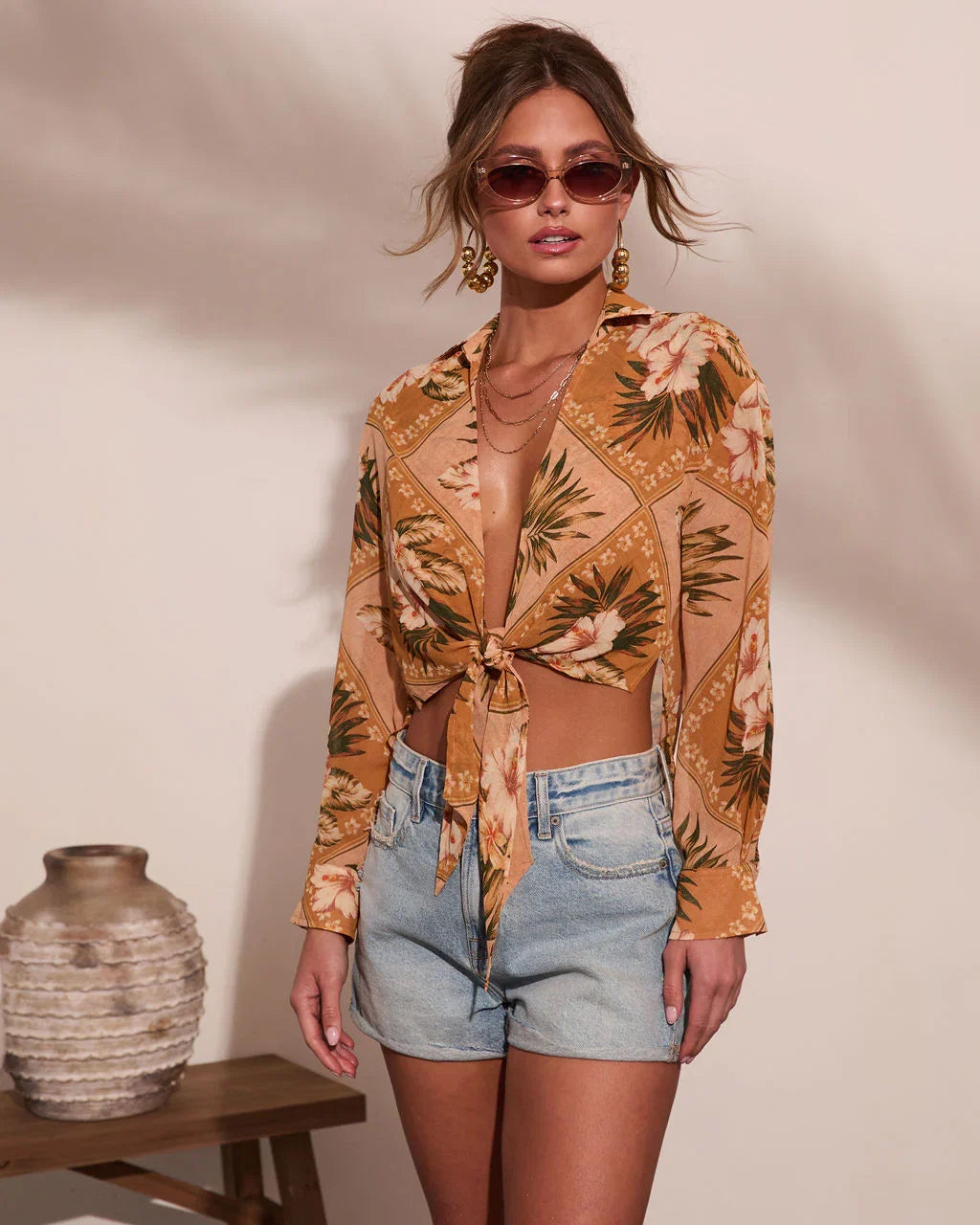 Mediterranean Muse Floral Front Tie Top