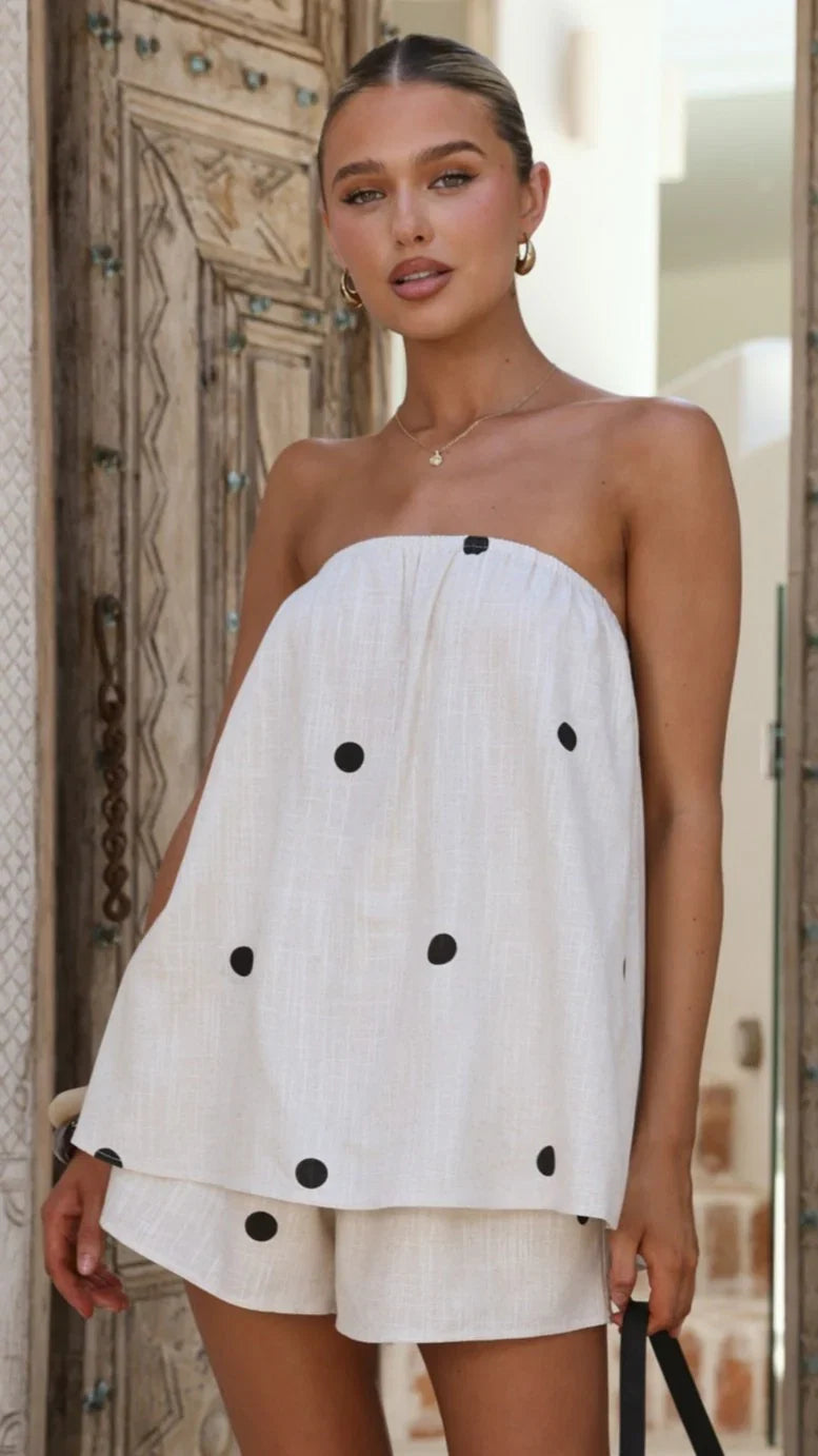 Calliope Strapless Top and Shorts Set Oat Black Polka Dot