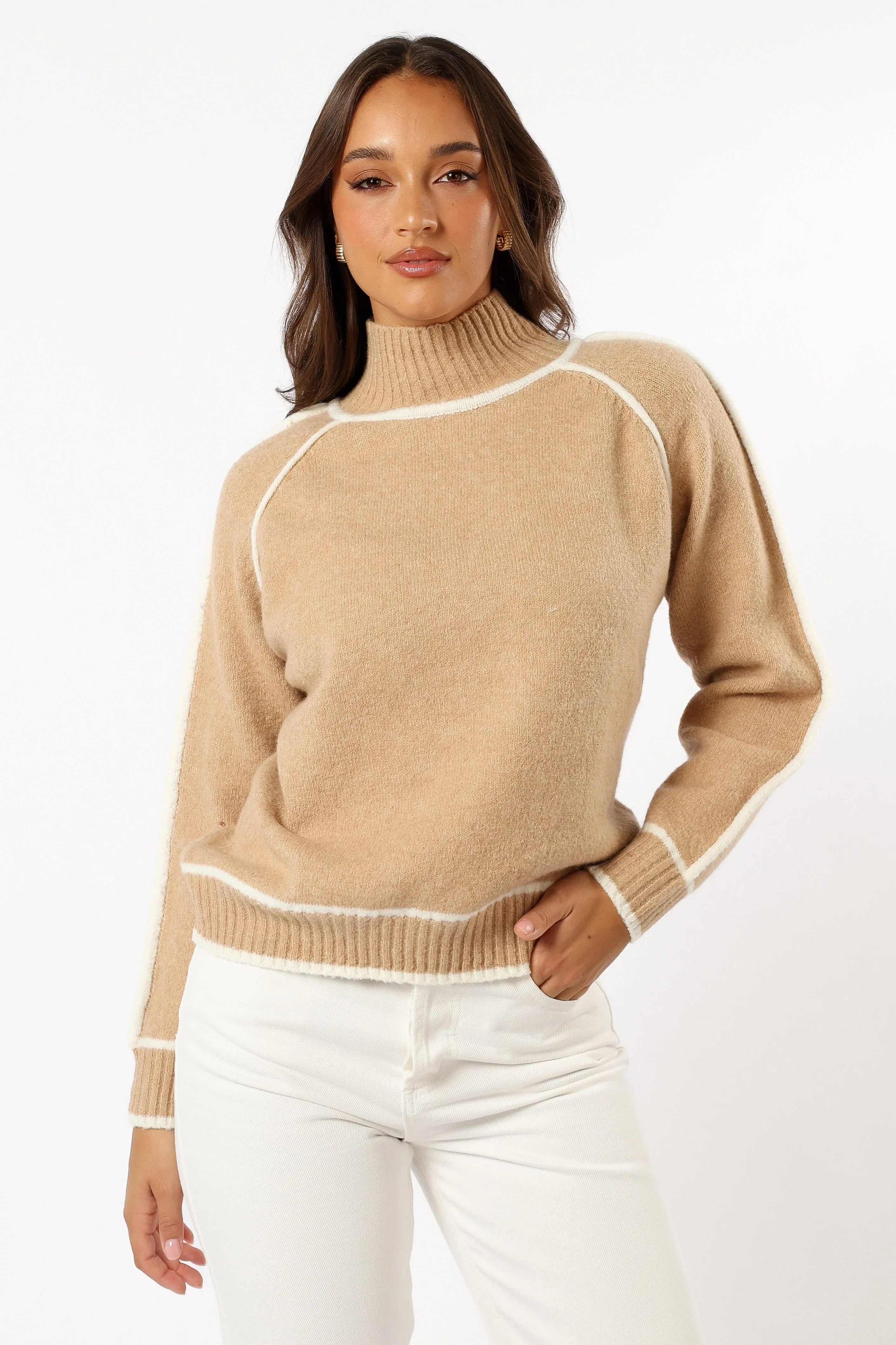 Rylee Contrast Hem Knit Sweater Camel