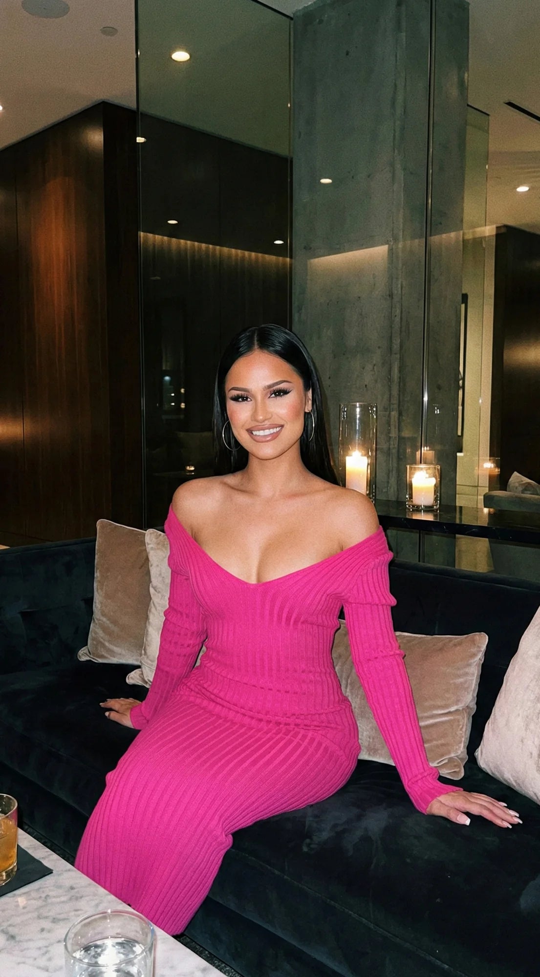 Lio Off Shoulder Ribbed Midi Dress Pink