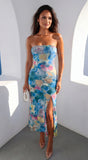 Aquarella Floral Strapless Tube Midi Dress Blue Multi