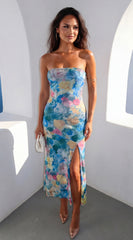 Aquarella Floral Strapless Tube Midi Dress Blue Multi