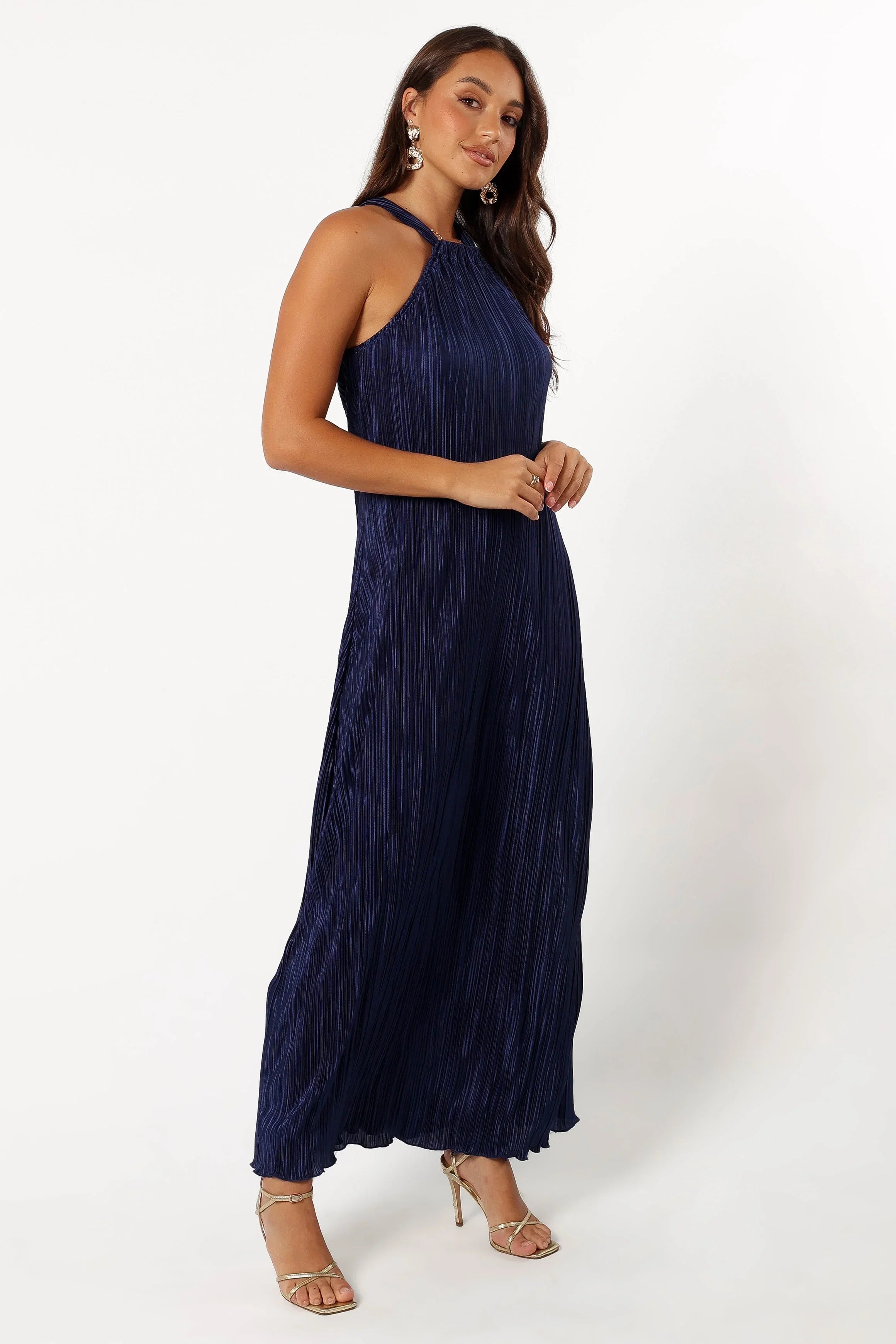 Melody Plisse Halter Maxi Dress Navy