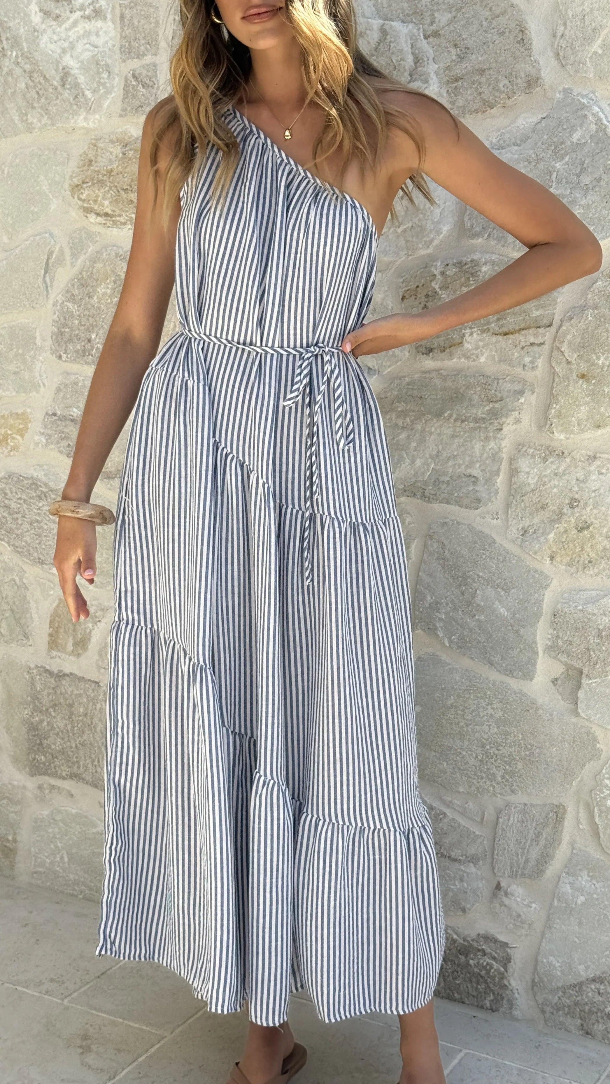 Wendy One Shoulder Maxi Dress Blue White Stripe