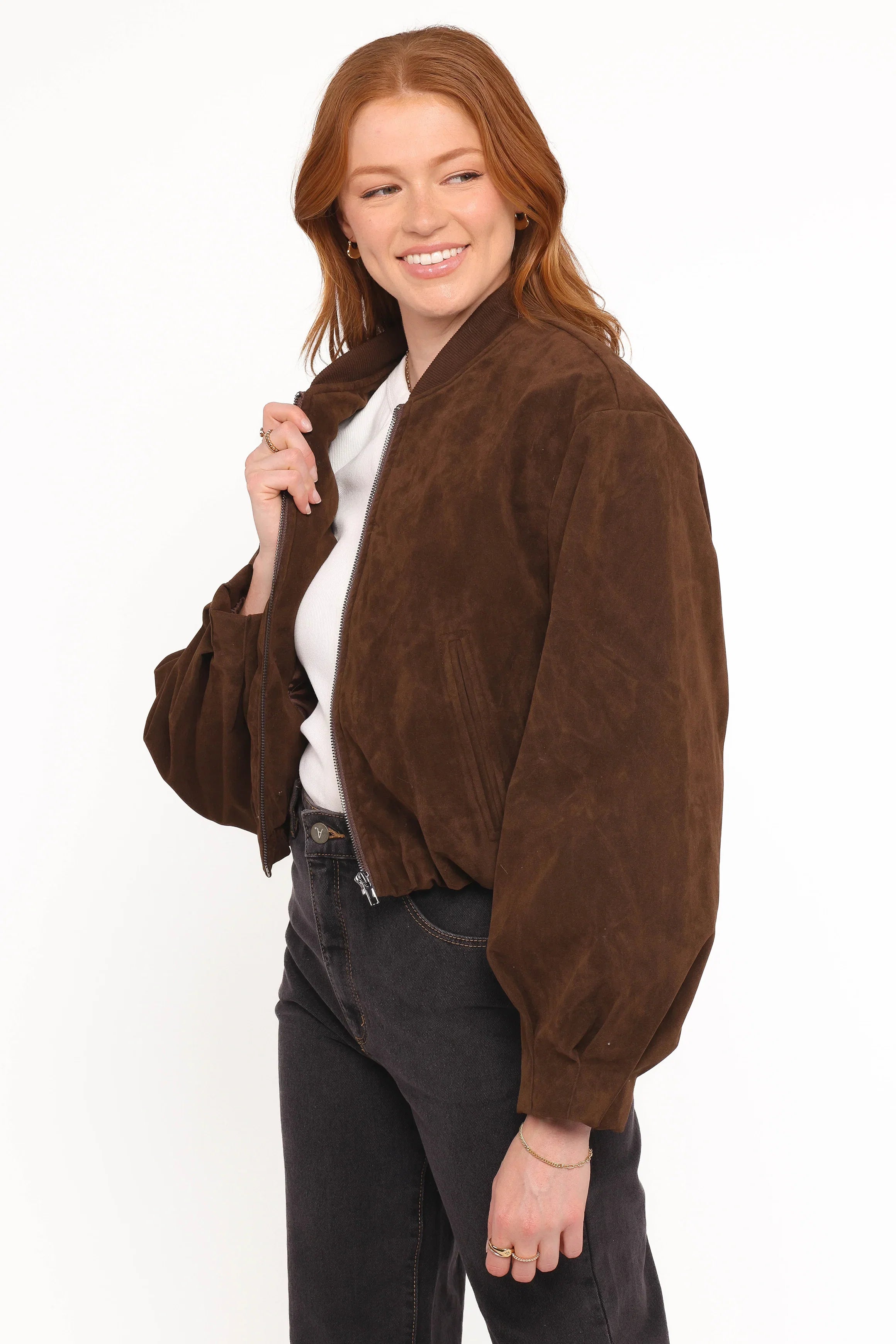 Goldie Faux Suede Bomber Jacket Brown