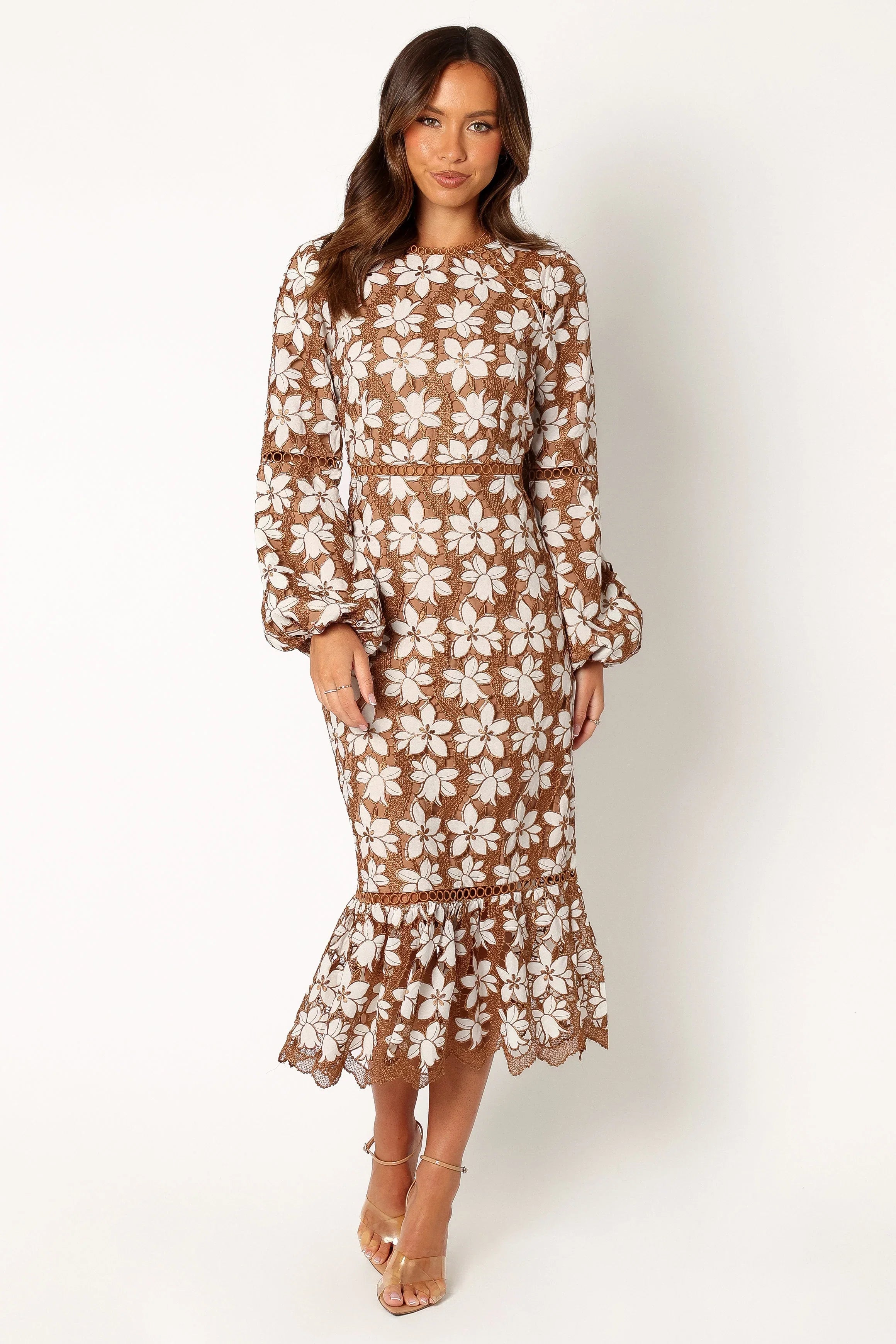 Pierre Long Sleeve Lace Maxi Dress Mocha