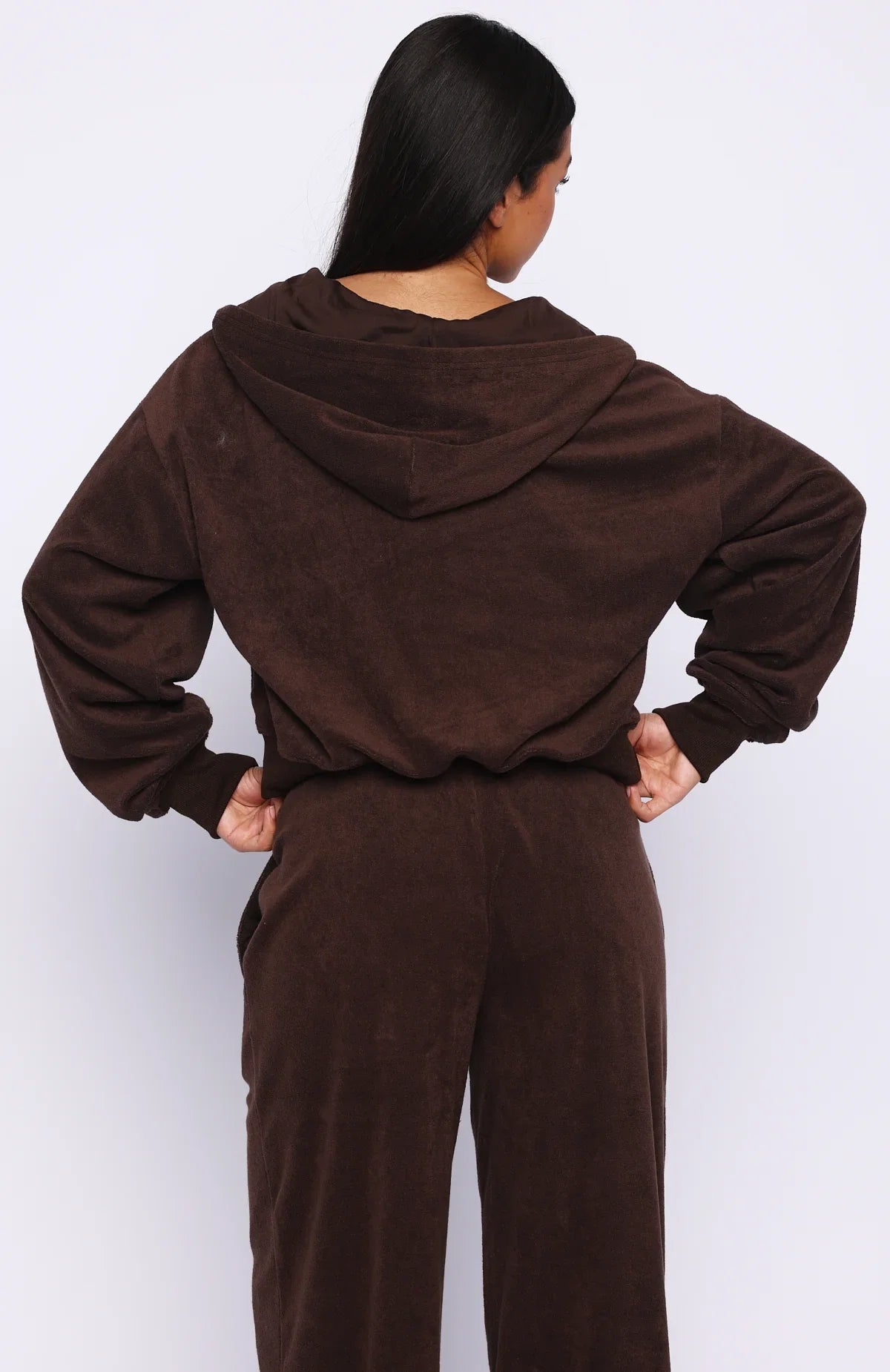 Causing Commotion Terry Boxy Zip Front Hoodie Chocolate