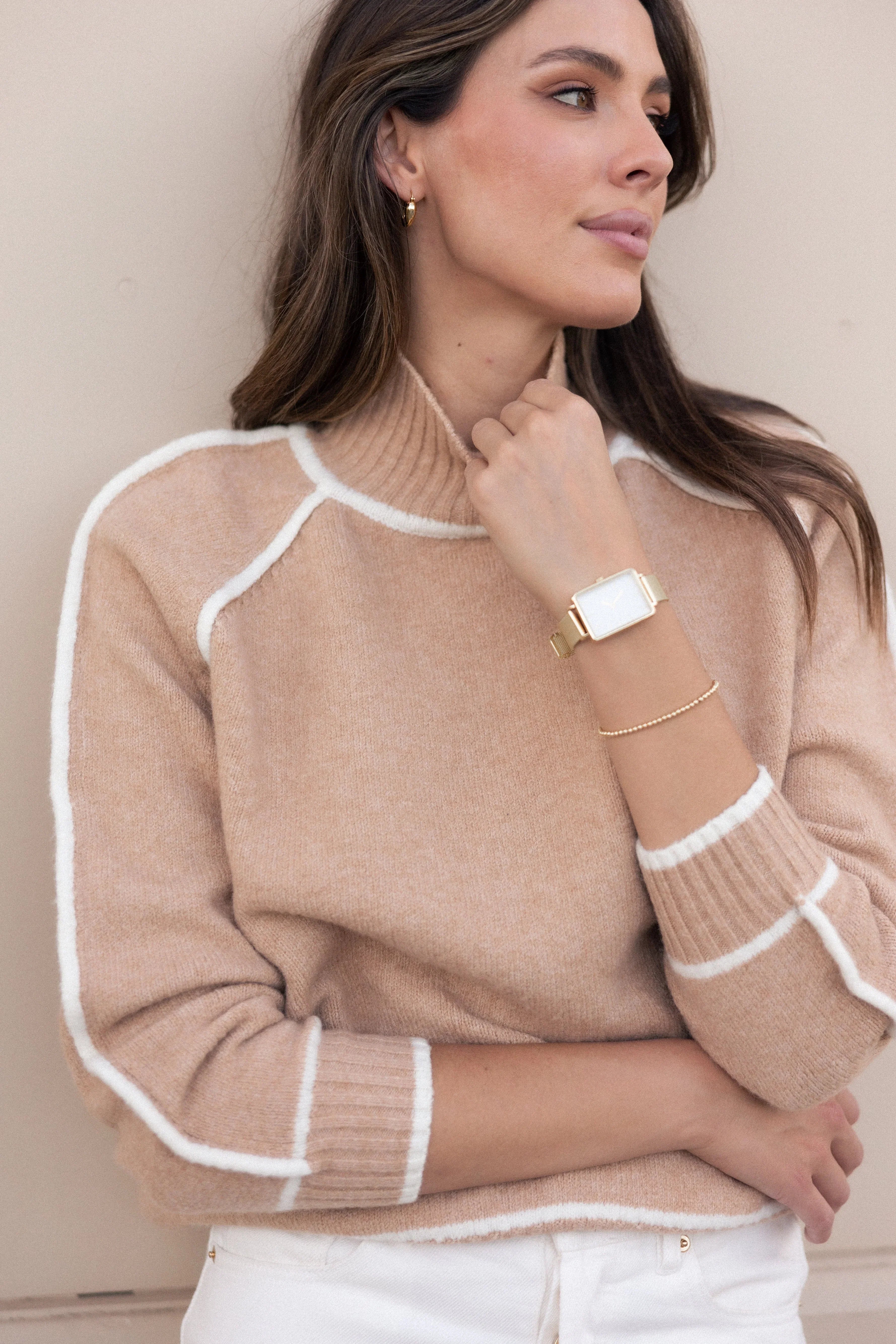 Rylee Contrast Hem Knit Sweater Camel