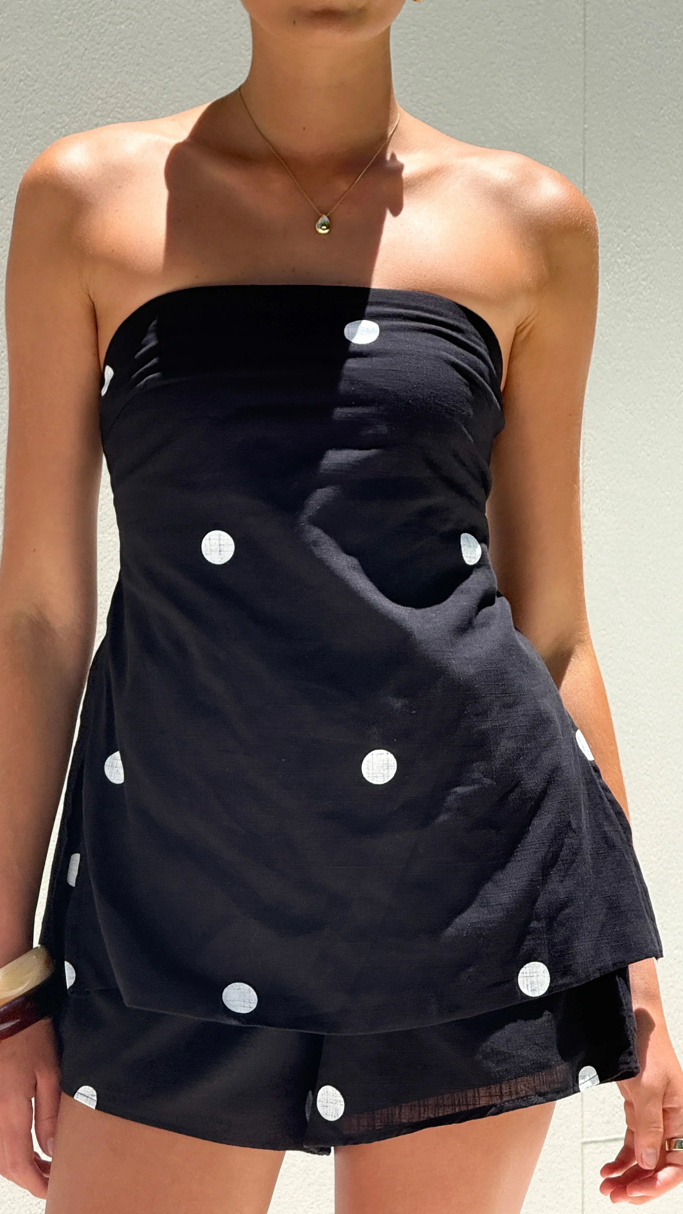 Kiki Strapless Top and Shorts Set Black White Polka Dot