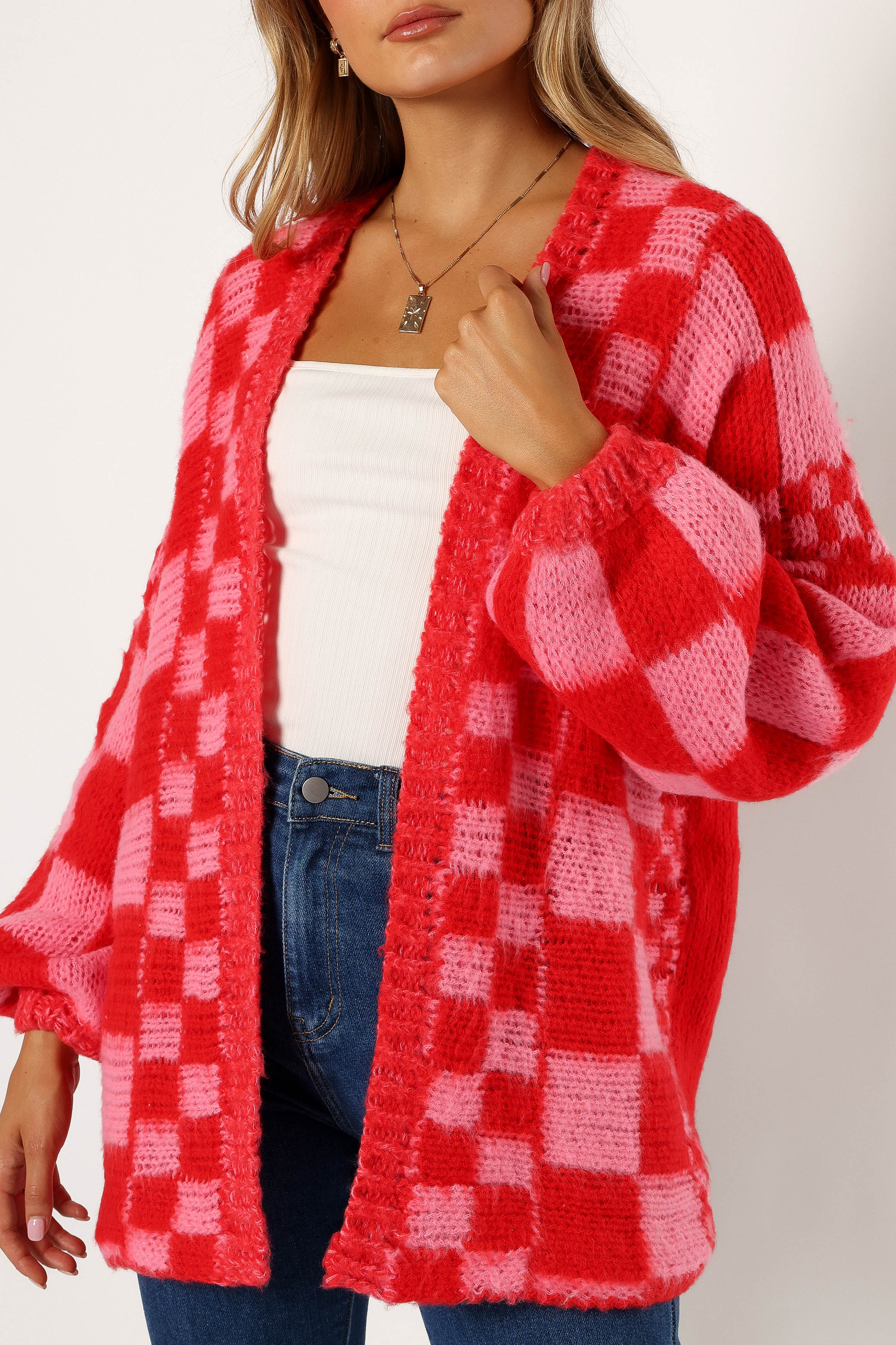 Davina Pattern Open Front Cardigan Red Pink