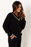 Dominique Contrast Vneck Knit Sweater Black Cream