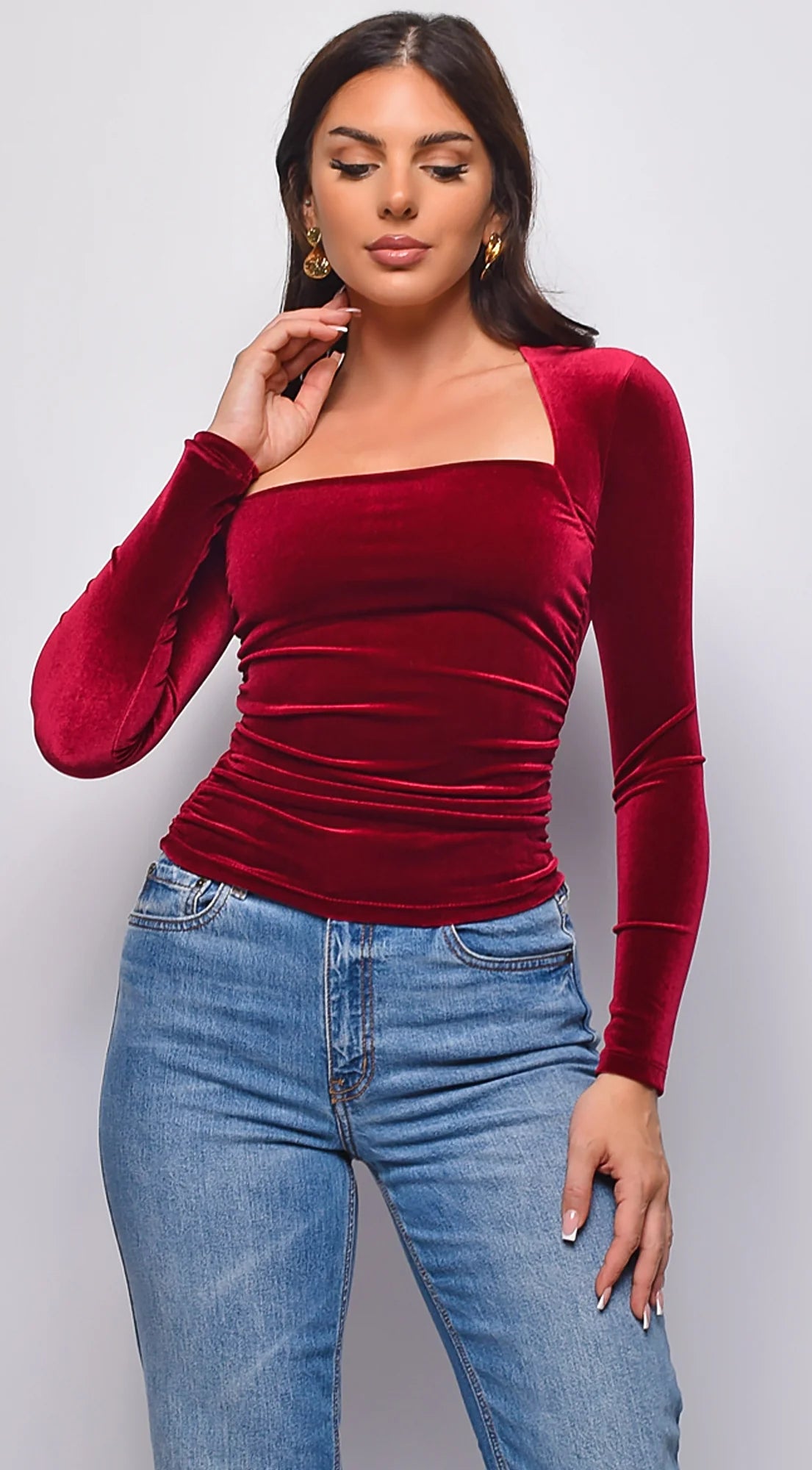 Adora Velvet Square Neck Long Sleeve Top Burgundy