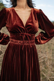 Cece Velvet Long Sleeve Maxi Dress Rust