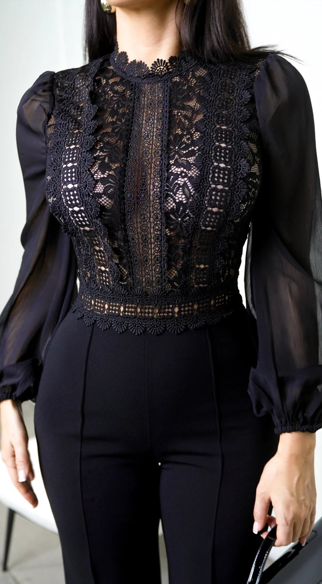 Nerine Crochet Lace Mesh Jumpsuit Black
