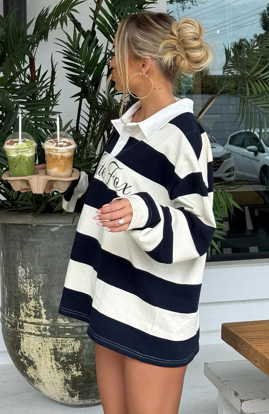 My Reality Striped Long Sleeve Rugby Shirt Navy Cream Stripe