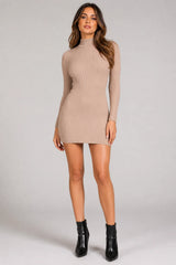Kailee Beige High Neck Ribbed Long Sleeve Dress
