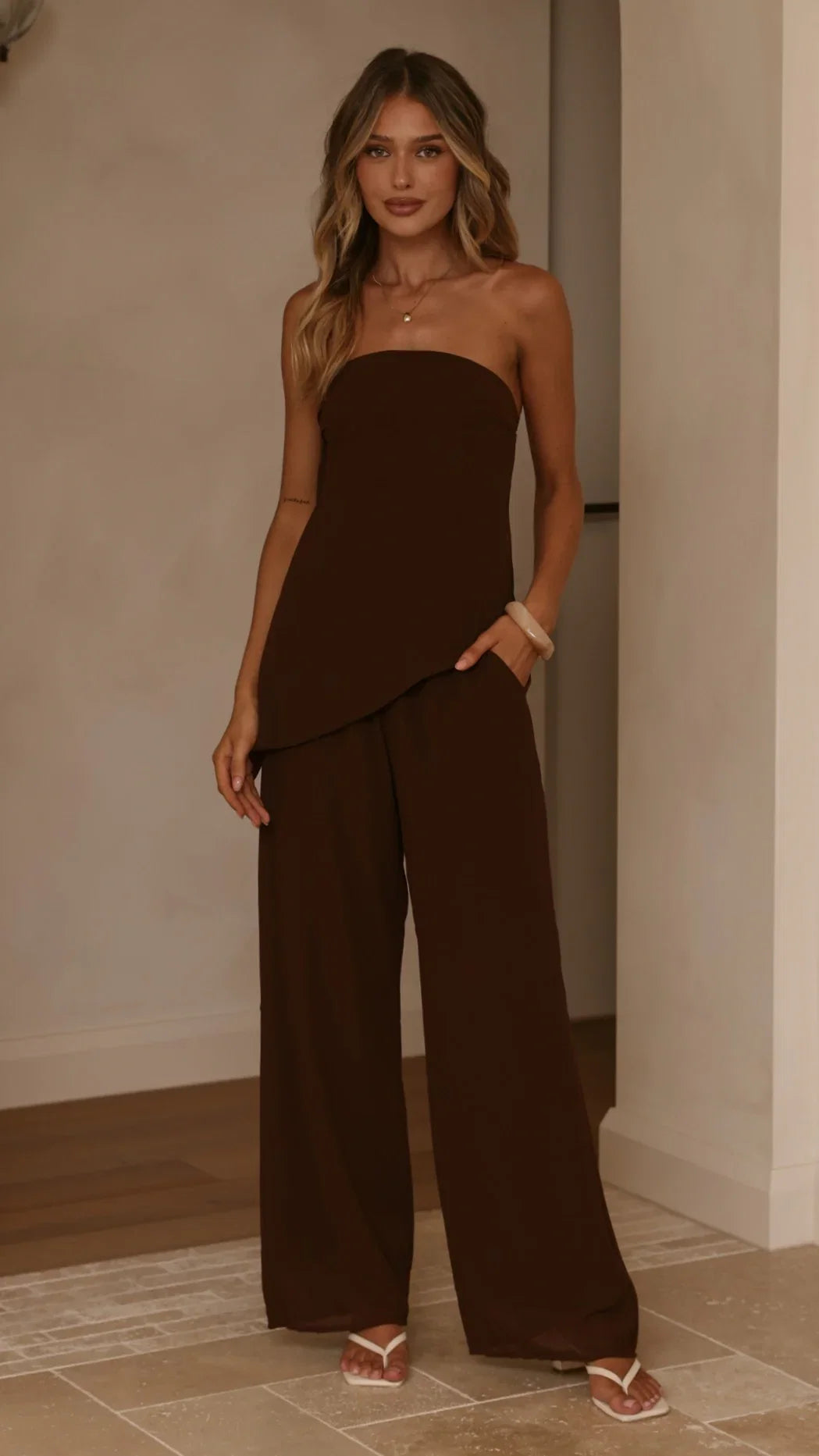 Zabrina Semi Sheer Strapless Top and Pants Set Chocolate
