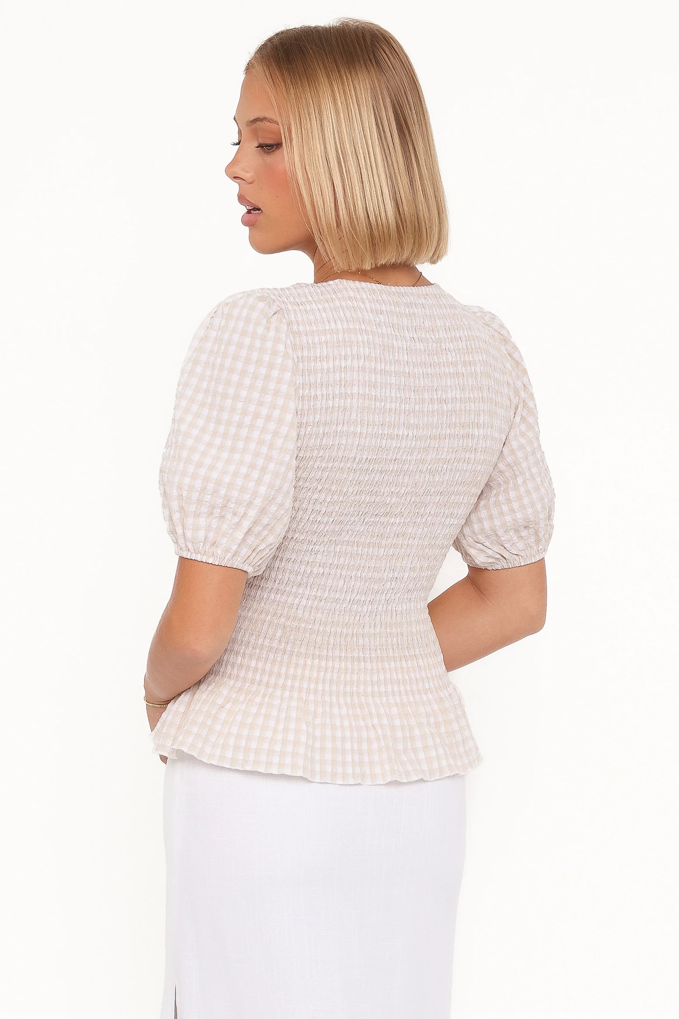 Callista Shirred Waist Top Beige Gingham
