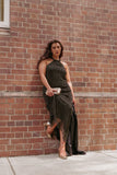 Melody Plisse Halter Maxi Dress Black Gold Polka Dot