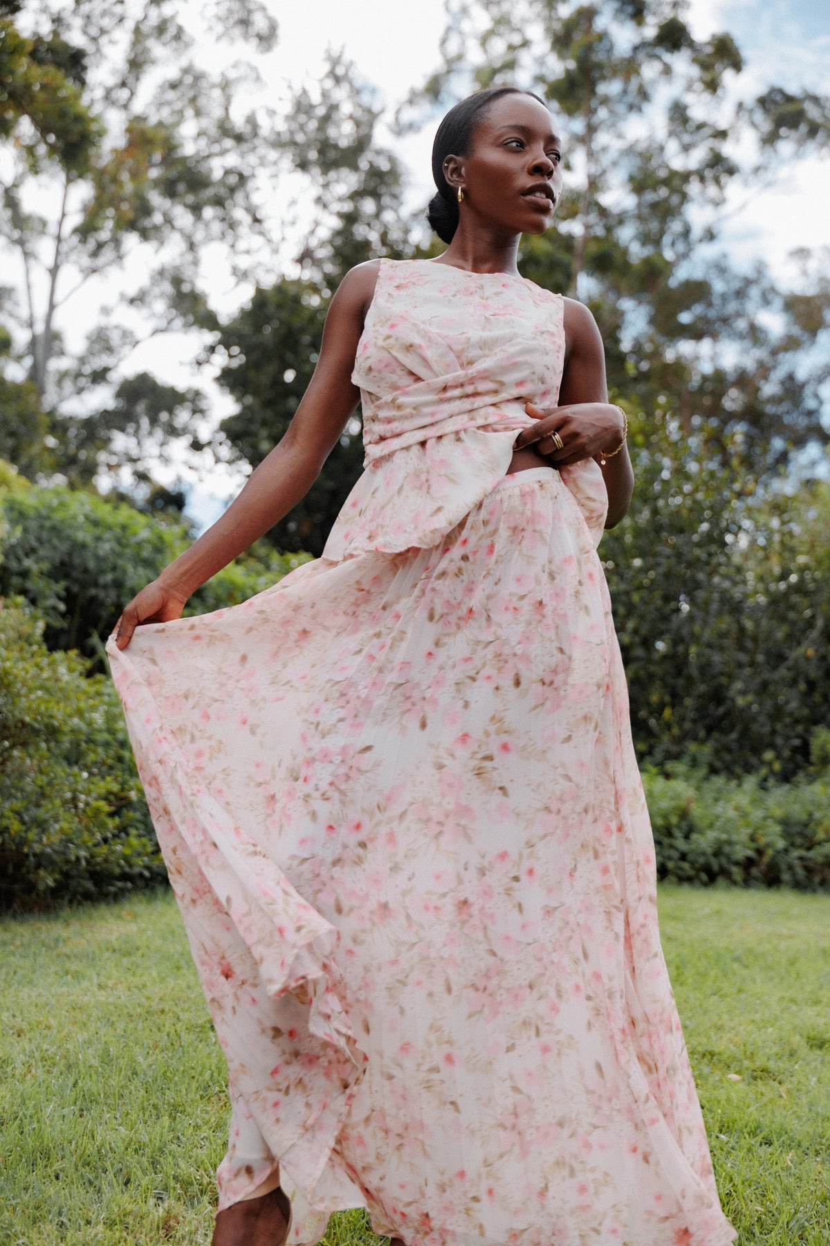 Mena Pleated Maxi Skirt Blurred Pink Floral