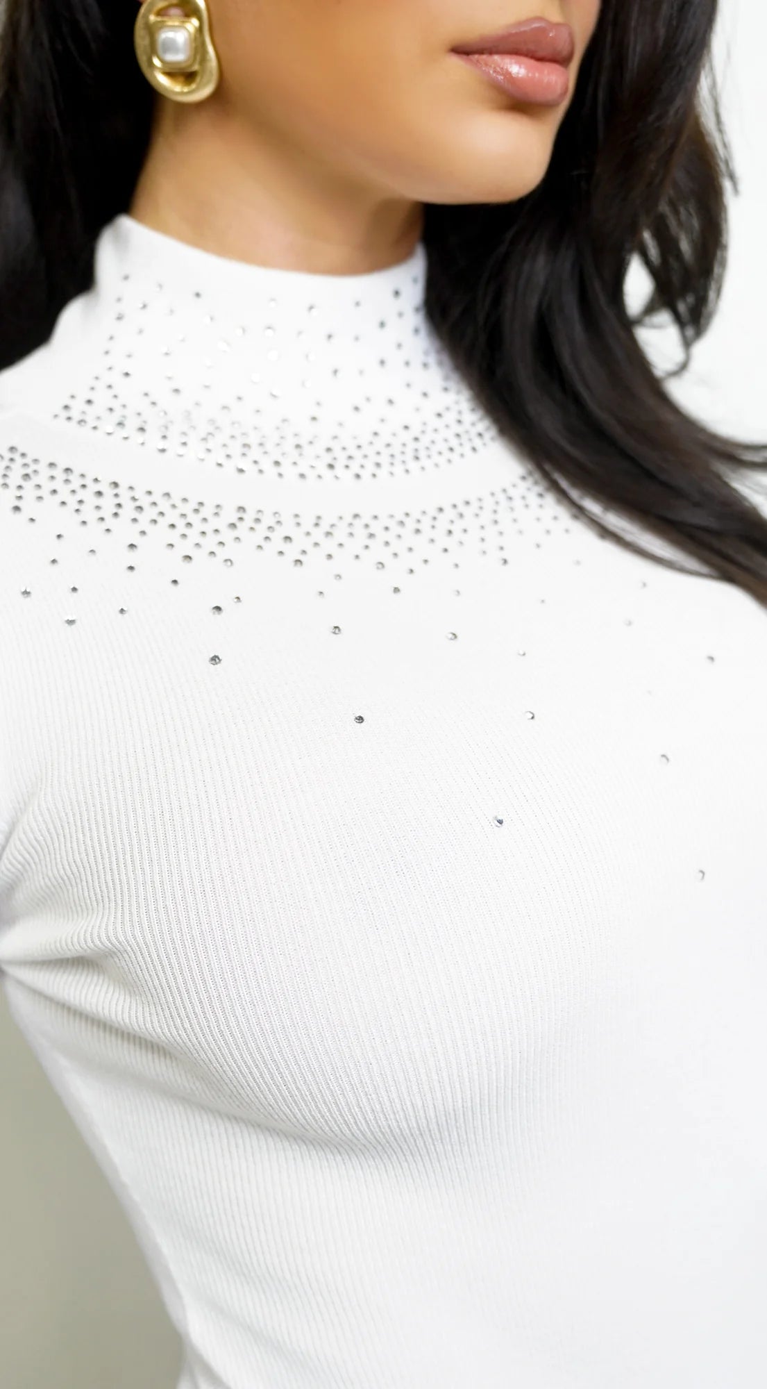 Annisa Mock Neck Rhinestone Bodysuit White