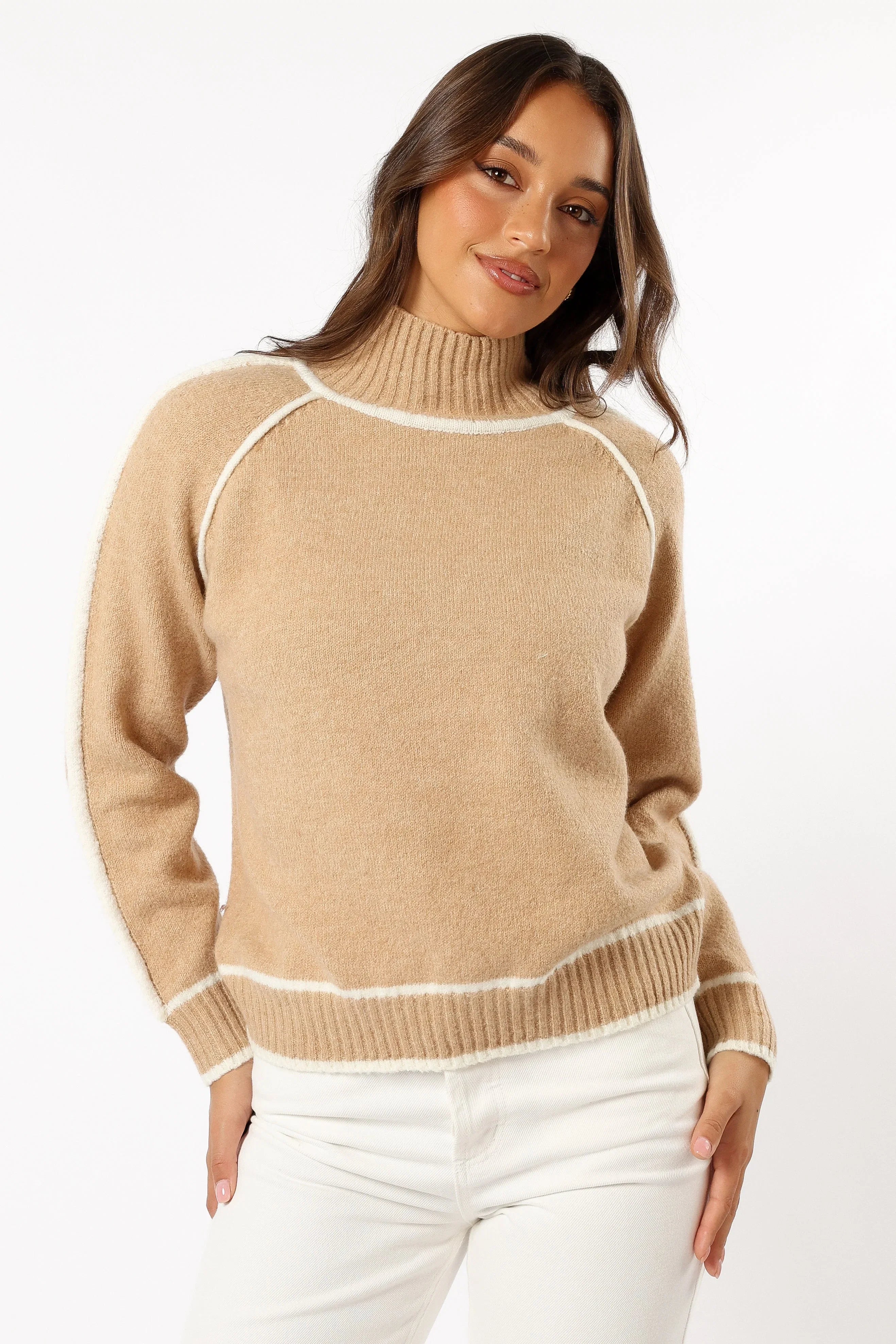 Rylee Contrast Hem Knit Sweater Camel