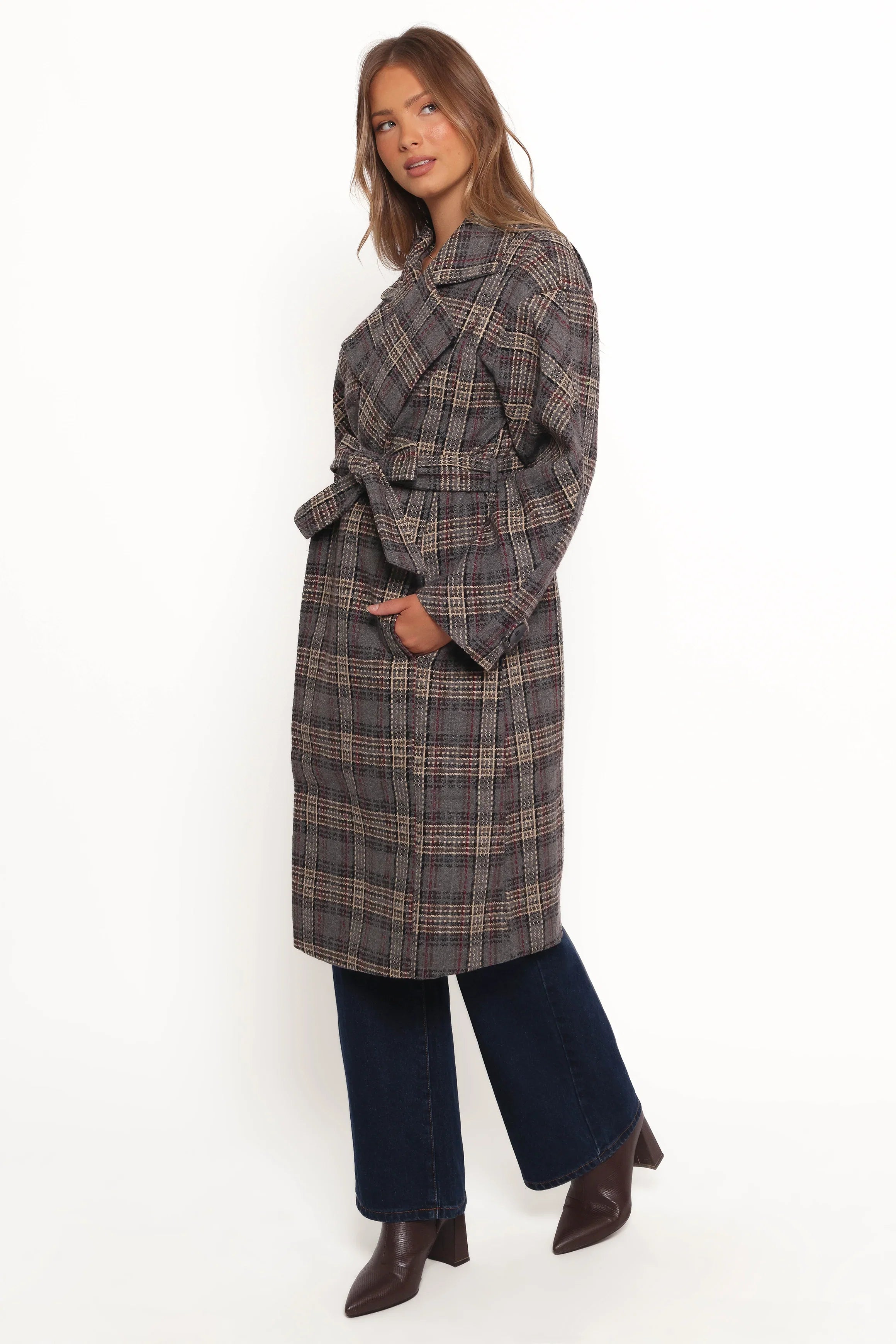 Torie Waist Tie Long Coat Grey Check