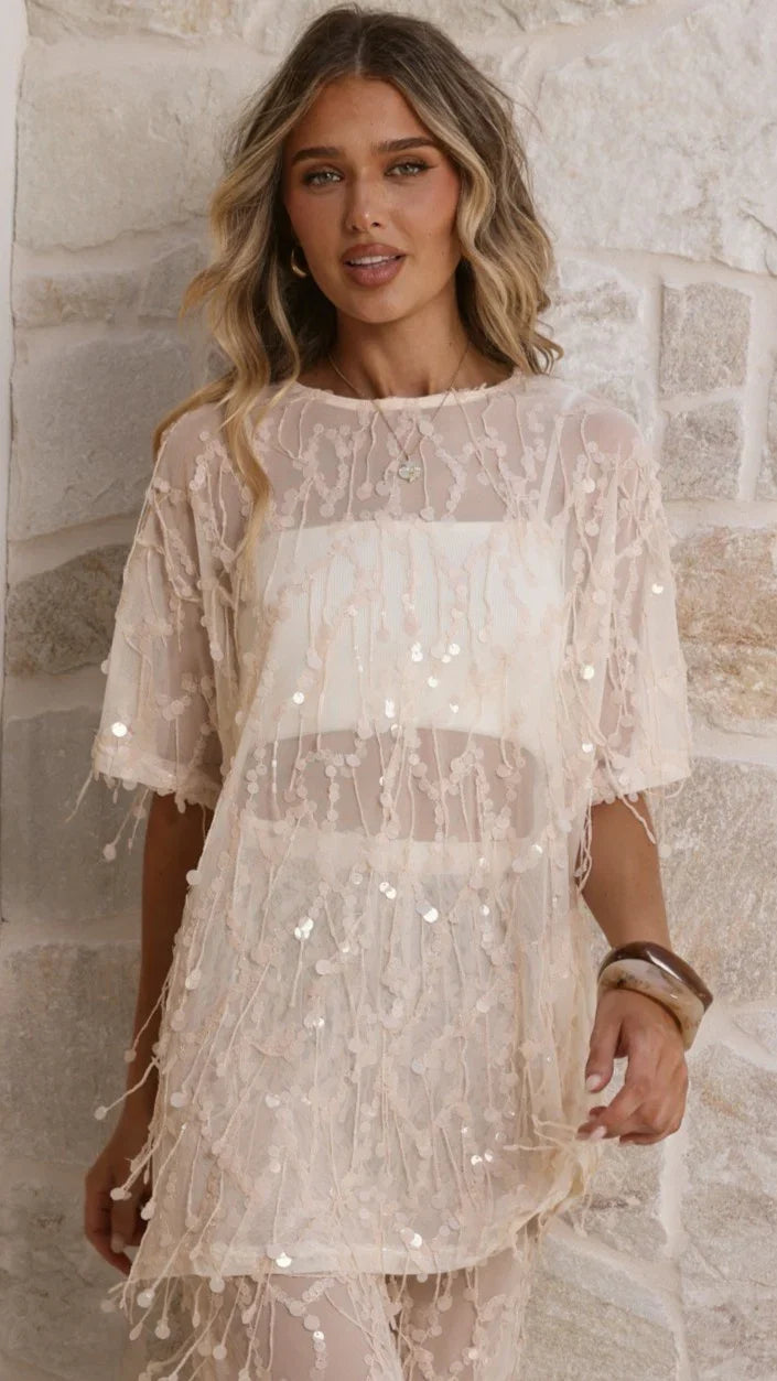 Zabby Sequin Oversized T Shirt Beige