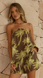 Calliope Strapless Top and Shorts Set Brown Green Palm