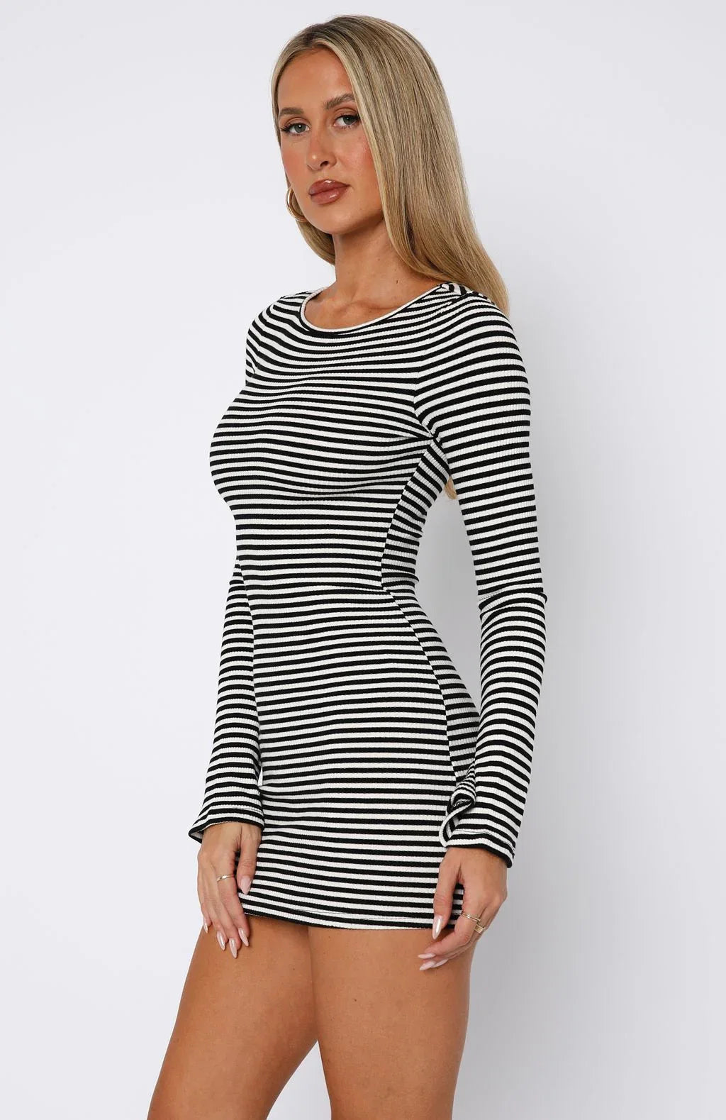 Lost Files Long Sleeve Mini Dress Black White Stripe