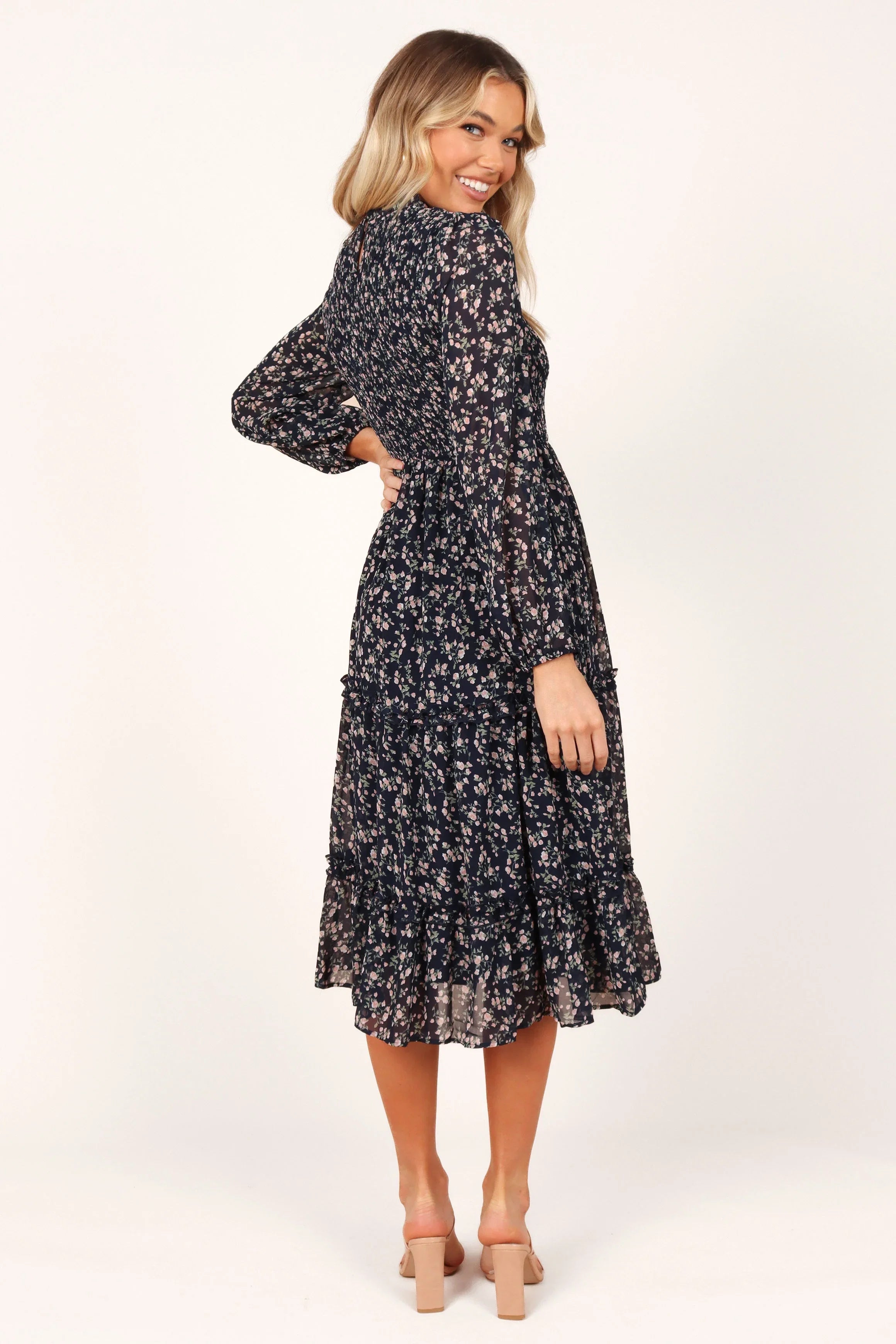 Edwina Shirred Frill Long Sleeve Midi Dress Navy Floral