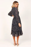 Edwina Shirred Frill Long Sleeve Midi Dress Navy Floral