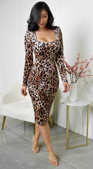 Rhea Square Neck Leopard Print Midi Dress Brown