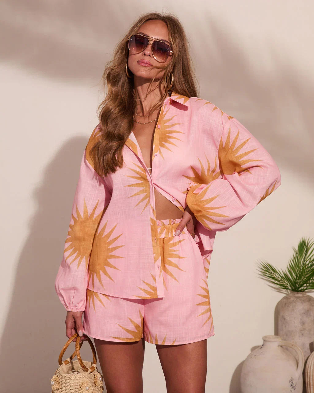 Sunny State Sunburst Button Down Linen Top