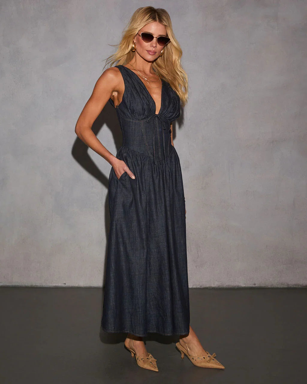 Cherri Fit And Flare Denim Midi Dress