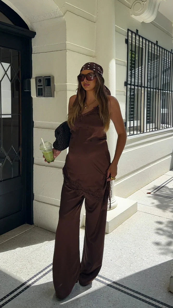 Hayleigh Asymmetrical Top and Pants Set Chocolate Lace